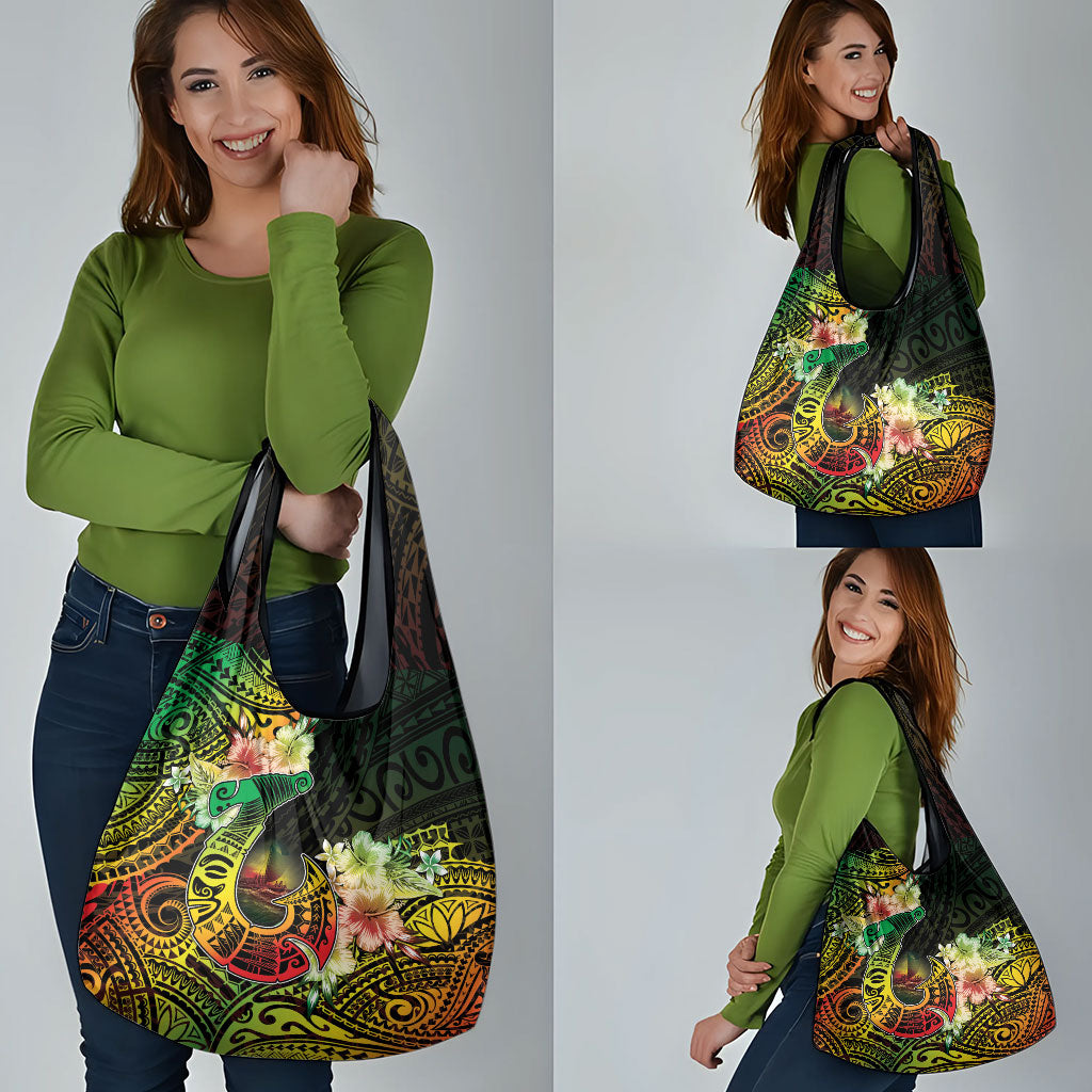 Hawaii Discoverers Day Grocery Bag Polynesian Fish Hook With Hibiscus Reggae LT05 - Polynesian Pride