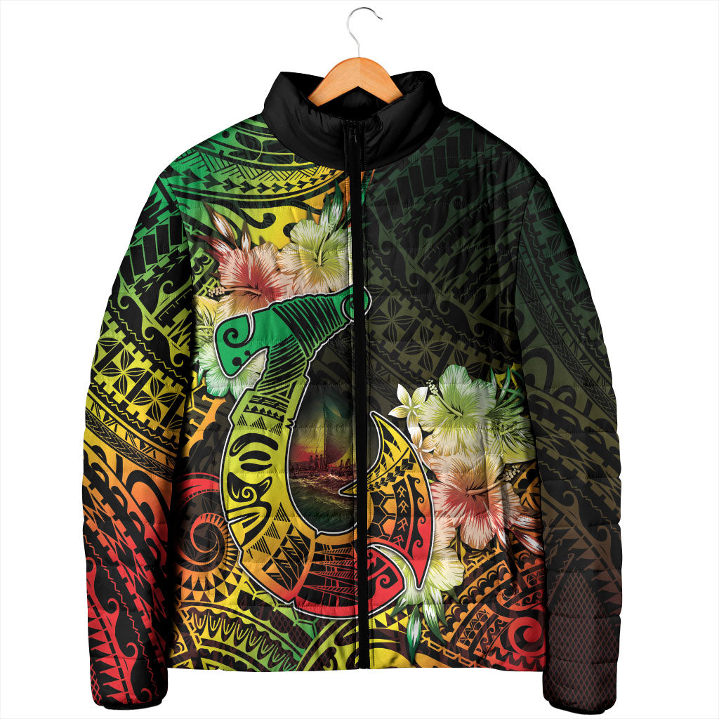Hawaii Discoverers Day Padded Jacket Polynesian Fish Hook With Hibiscus Reggae LT05 - Polynesian Pride