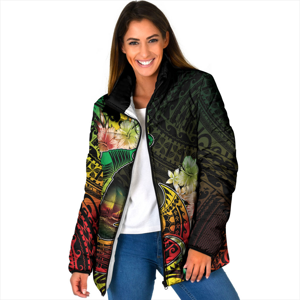 Hawaii Discoverers Day Padded Jacket Polynesian Fish Hook With Hibiscus Reggae LT05 Women Reggae - Polynesian Pride