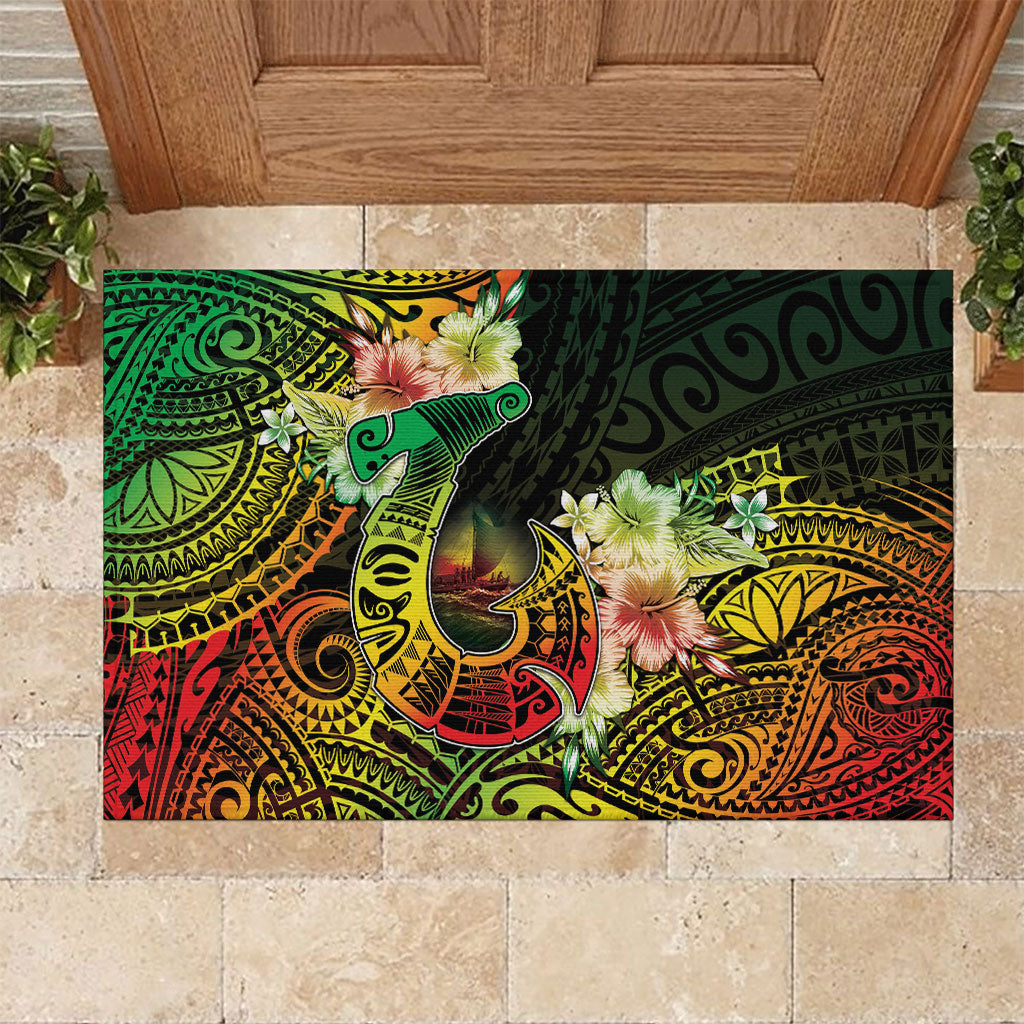 Hawaii Discoverers Day Rubber Doormat Polynesian Fish Hook With Hibiscus Reggae LT05 Reggae - Polynesian Pride