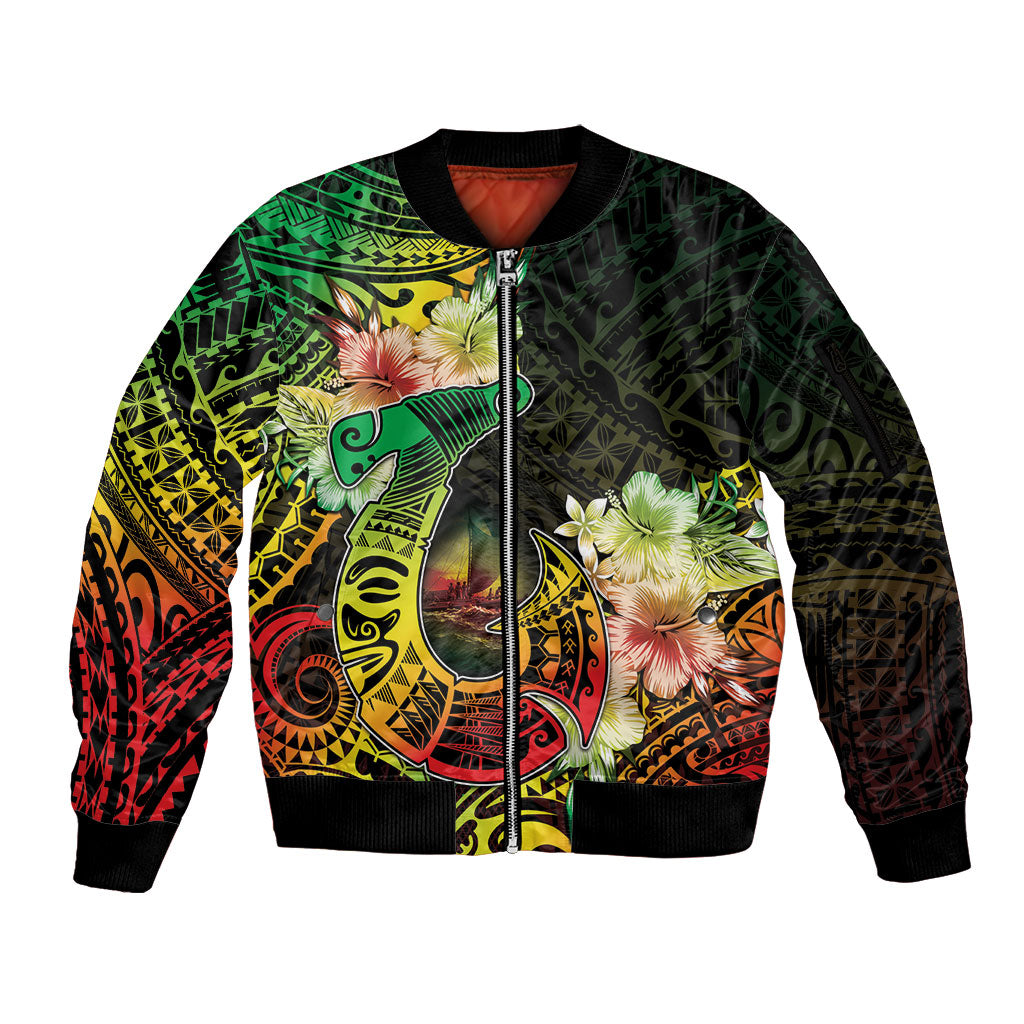 Hawaii Discoverers Day Sleeve Zip Bomber Jacket Polynesian Fish Hook With Hibiscus Reggae LT05 Unisex Reggae - Polynesian Pride