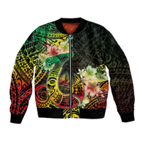 Hawaii Discoverers Day Sleeve Zip Bomber Jacket Polynesian Fish Hook With Hibiscus Reggae LT05 Unisex Reggae - Polynesian Pride