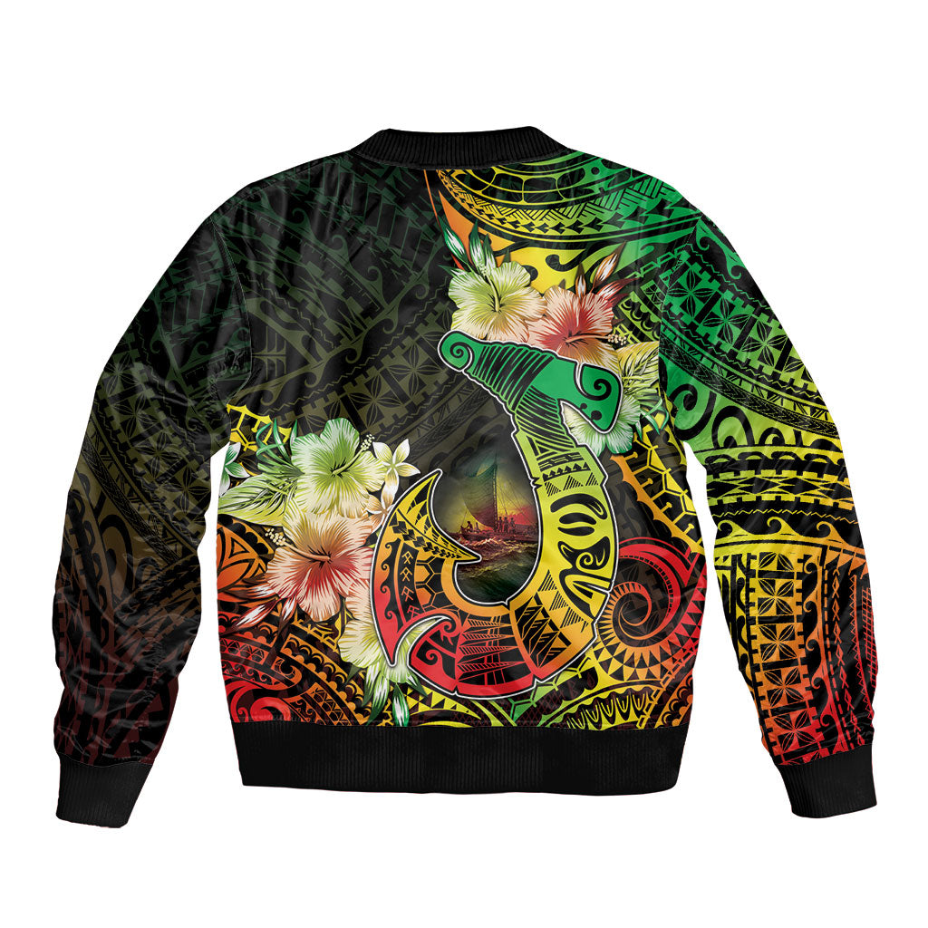 Hawaii Discoverers Day Sleeve Zip Bomber Jacket Polynesian Fish Hook With Hibiscus Reggae LT05 - Polynesian Pride