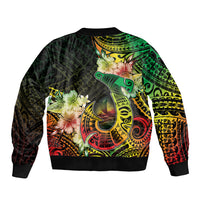 Hawaii Discoverers Day Sleeve Zip Bomber Jacket Polynesian Fish Hook With Hibiscus Reggae LT05 - Polynesian Pride