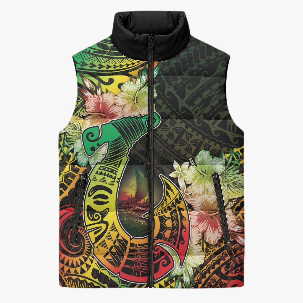 Hawaii Discoverers Day Sleeveless Puffer Jacket Polynesian Fish Hook With Hibiscus Reggae LT05 Unisex Reggae - Polynesian Pride