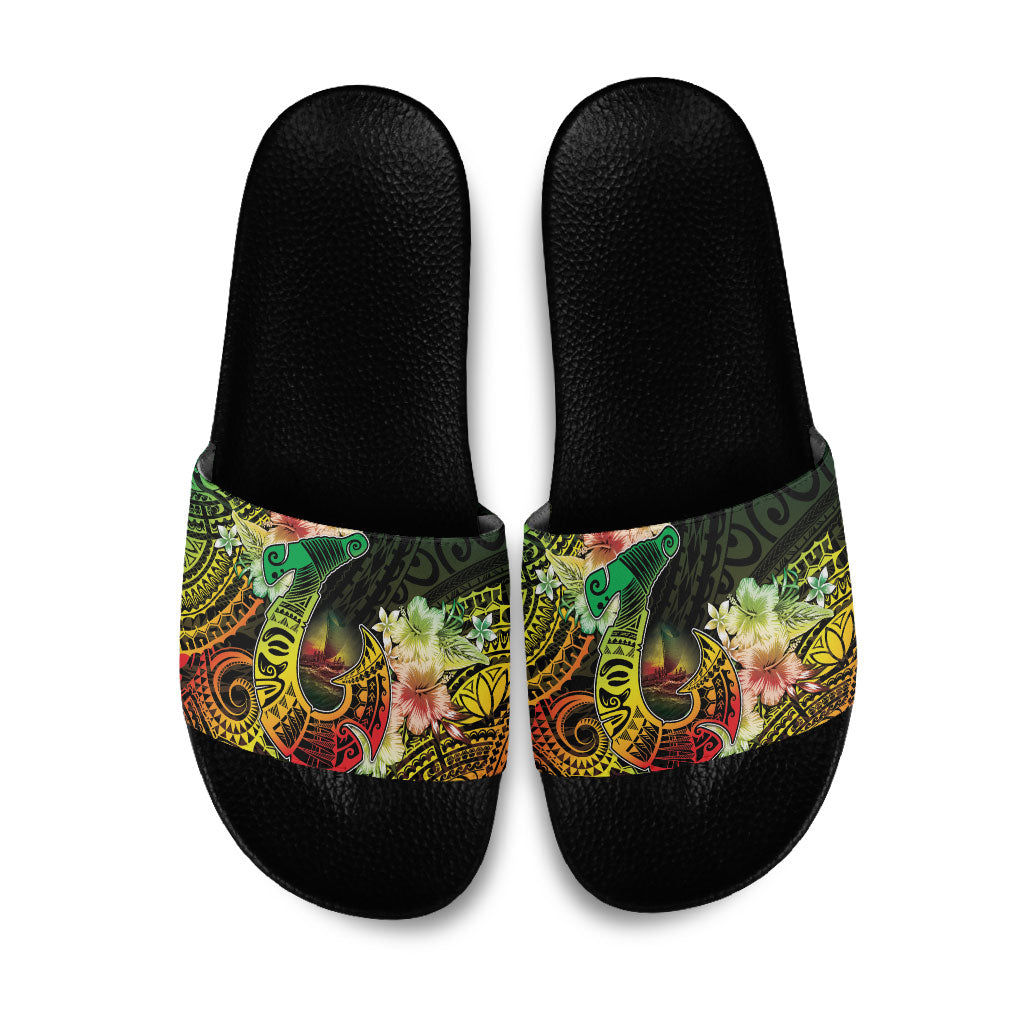 Hawaii Discoverers Day Slide Sandals Polynesian Fish Hook With Hibiscus Reggae LT05 Reggae - Polynesian Pride