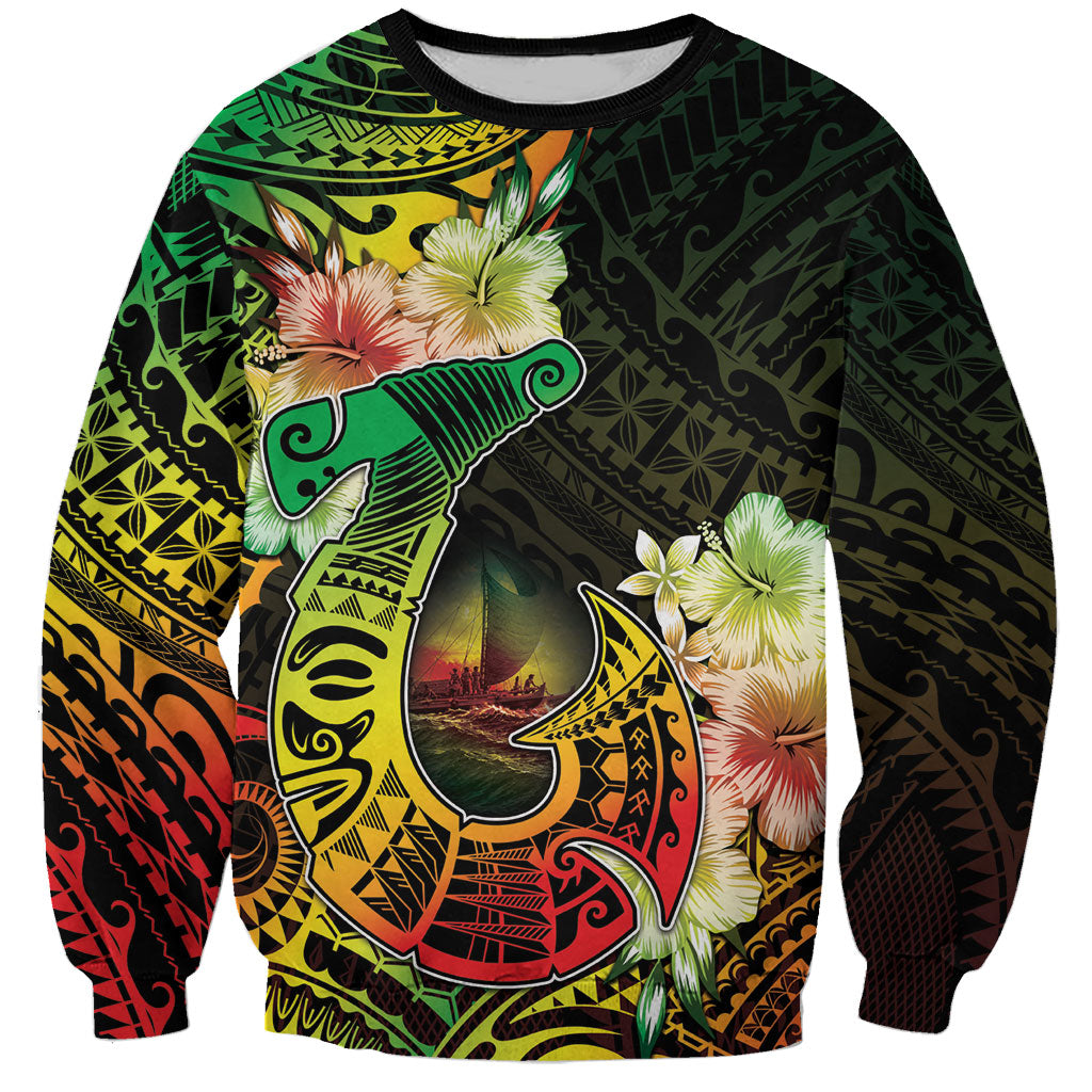 Hawaii Discoverers Day Sweatshirt Polynesian Fish Hook With Hibiscus Reggae LT05 Unisex Reggae - Polynesian Pride