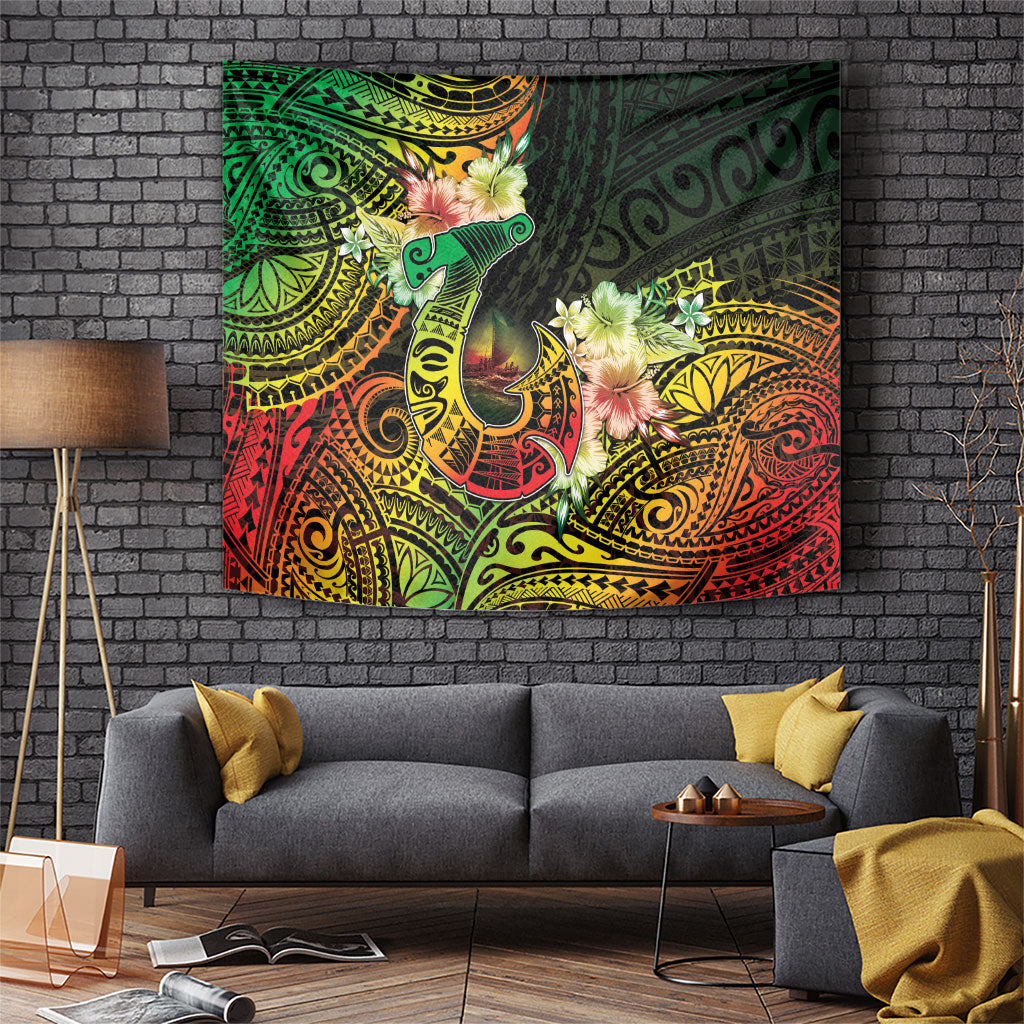 Hawaii Discoverers Day Tapestry Polynesian Fish Hook With Hibiscus Reggae