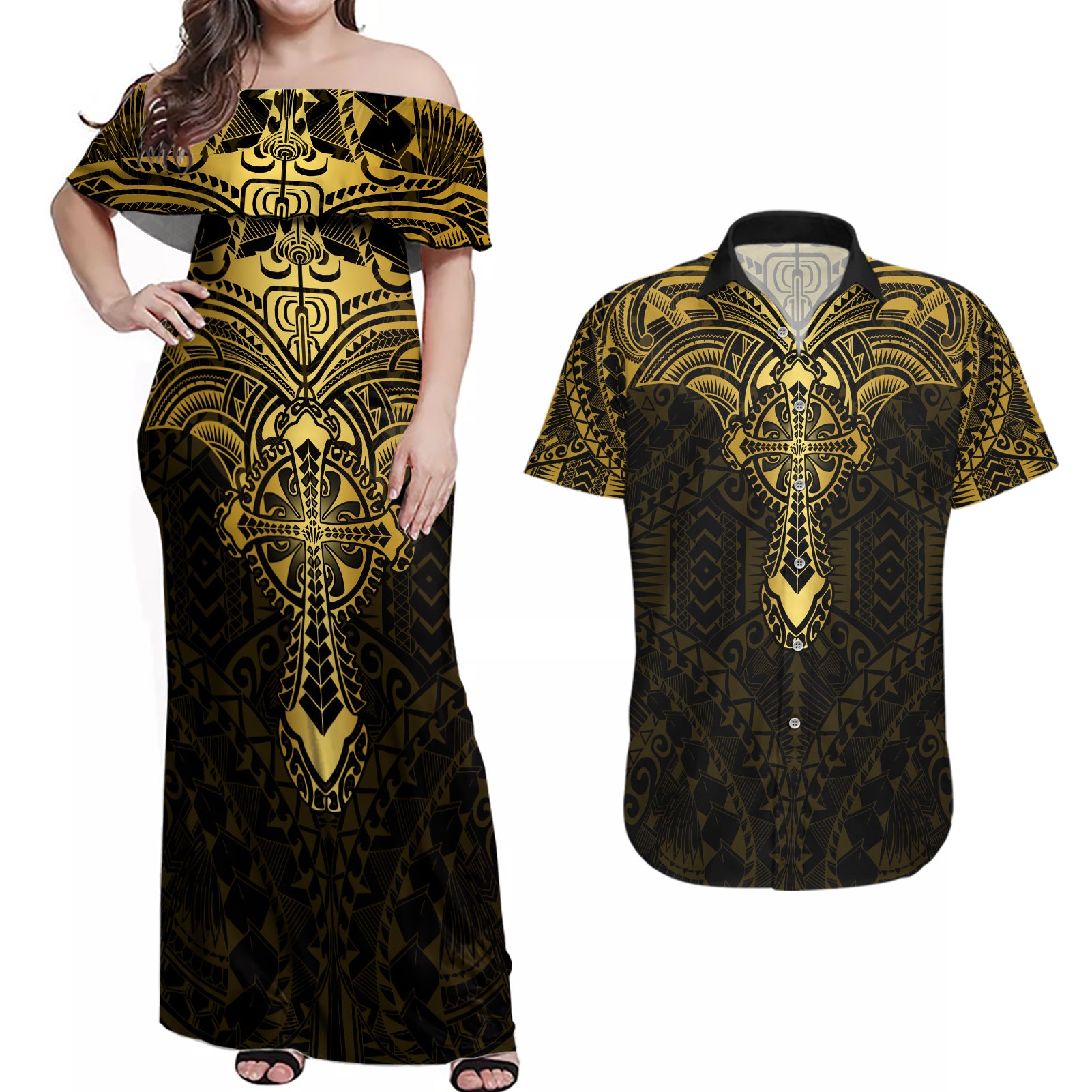 Personalized Polynesia Couples Matching Off Shoulder Maxi Dress and Hawaiian Shirt With Christian Cross LT05 Gold - Polynesian Pride