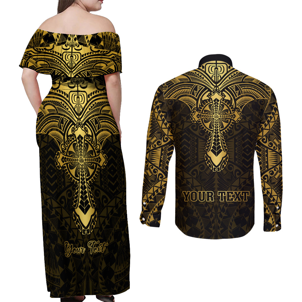 Personalized Polynesia Couples Matching Off Shoulder Maxi Dress and Long Sleeve Button Shirt With Christian Cross LT05 - Polynesian Pride