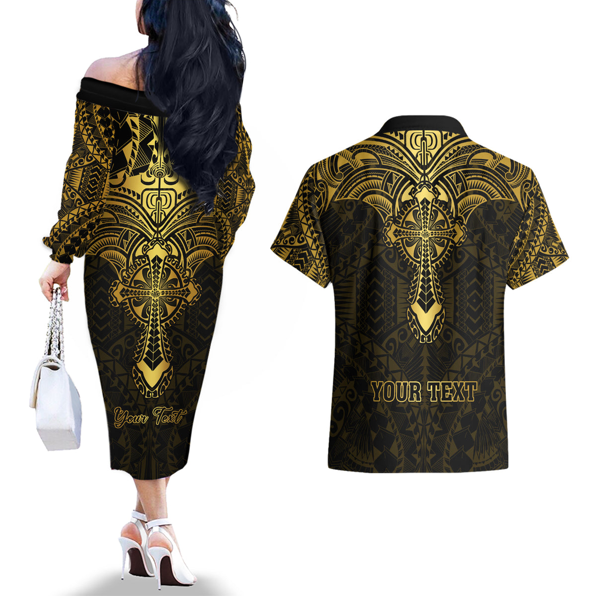 Personalized Polynesia Couples Matching Off The Shoulder Long Sleeve Dress and Hawaiian Shirt With Christian Cross LT05 - Polynesian Pride