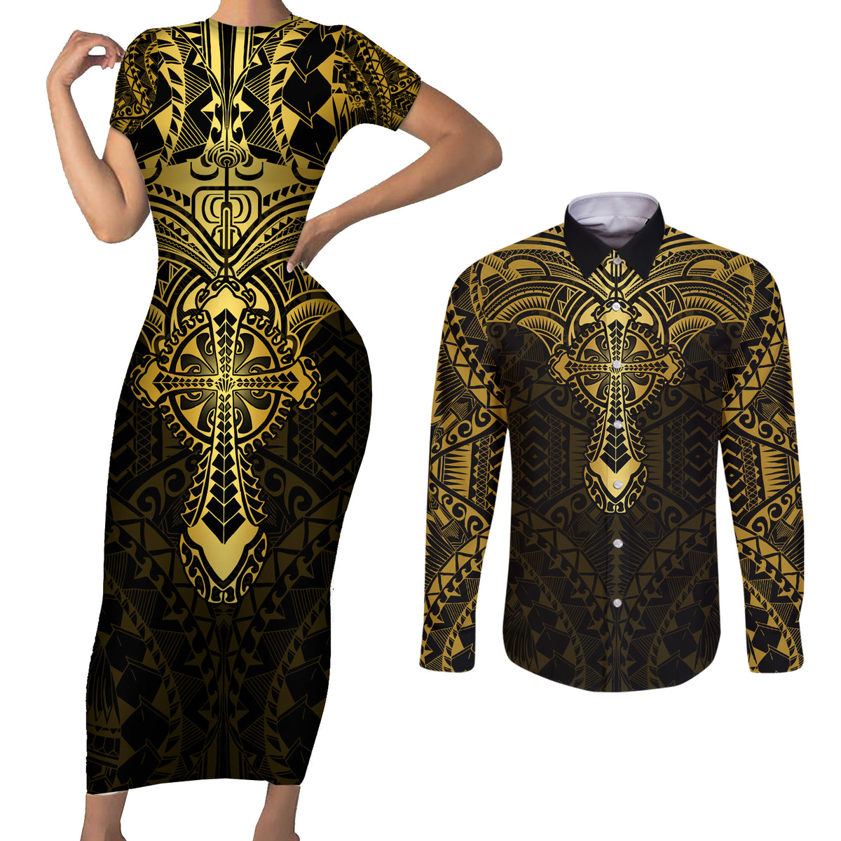 Personalized Polynesia Couples Matching Short Sleeve Bodycon Dress and Long Sleeve Button Shirt With Christian Cross LT05 Gold - Polynesian Pride
