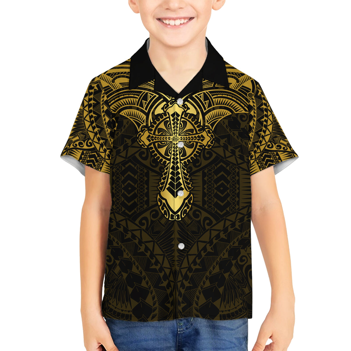 Personalized Polynesia Family Matching Off Shoulder Long Sleeve Dress and Hawaiian Shirt With Christian Cross LT05 Son's Shirt Gold - Polynesian Pride