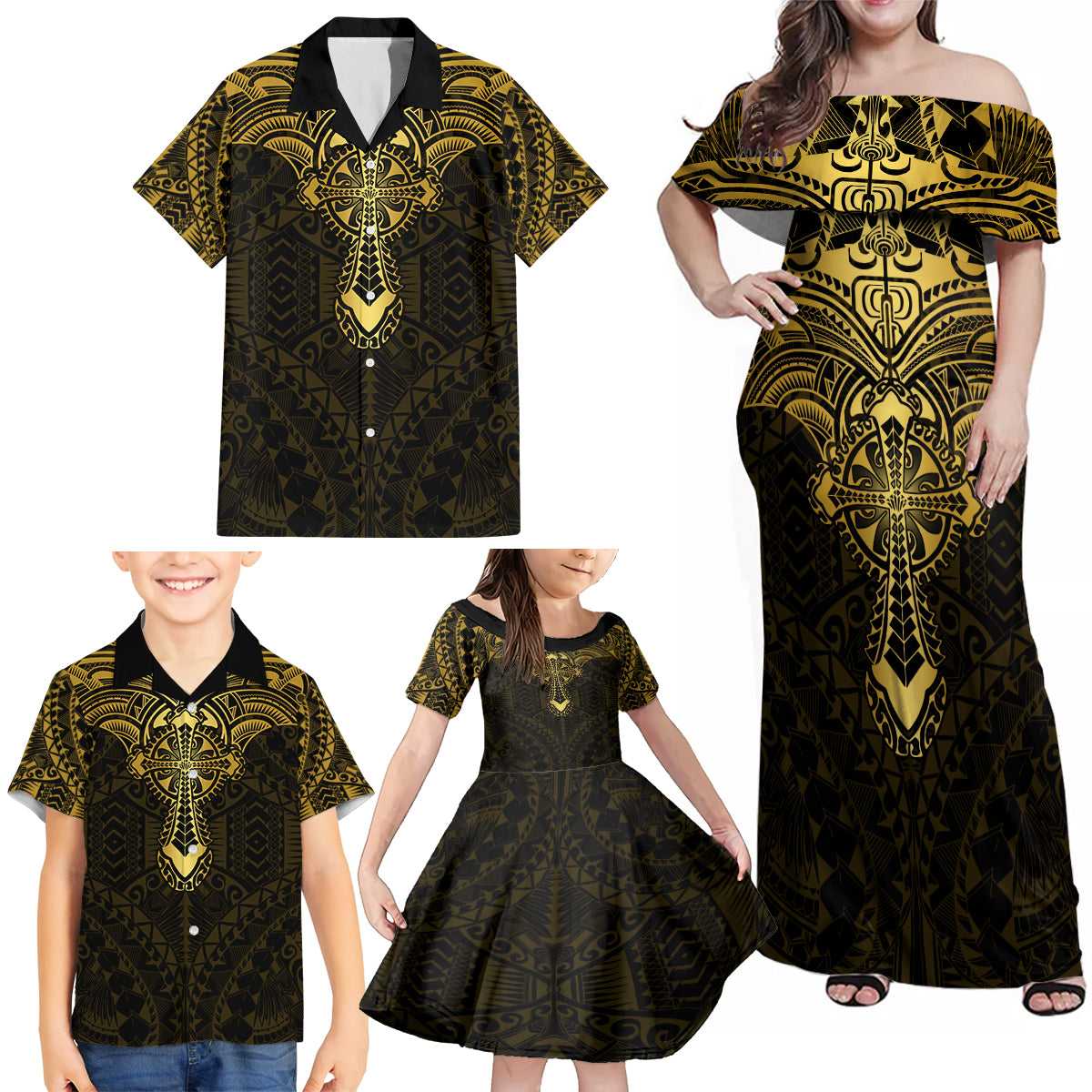 Personalized Polynesia Family Matching Off Shoulder Maxi Dress and Hawaiian Shirt With Christian Cross LT05 - Polynesian Pride