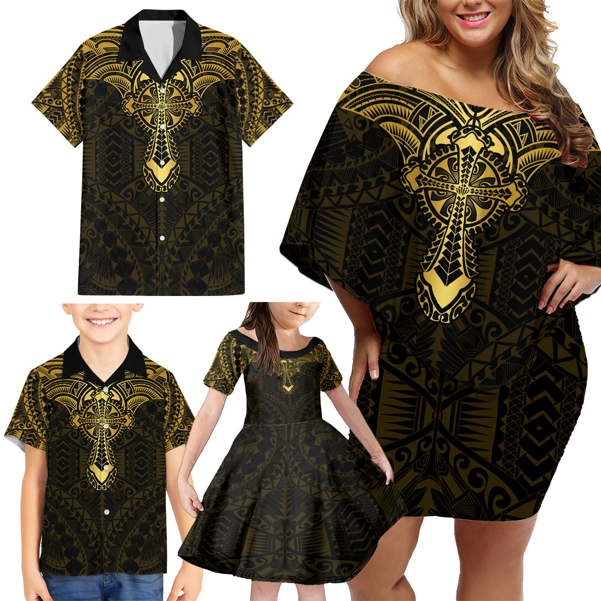 Personalized Polynesia Family Matching Off Shoulder Short Dress and Hawaiian Shirt With Christian Cross LT05 - Polynesian Pride