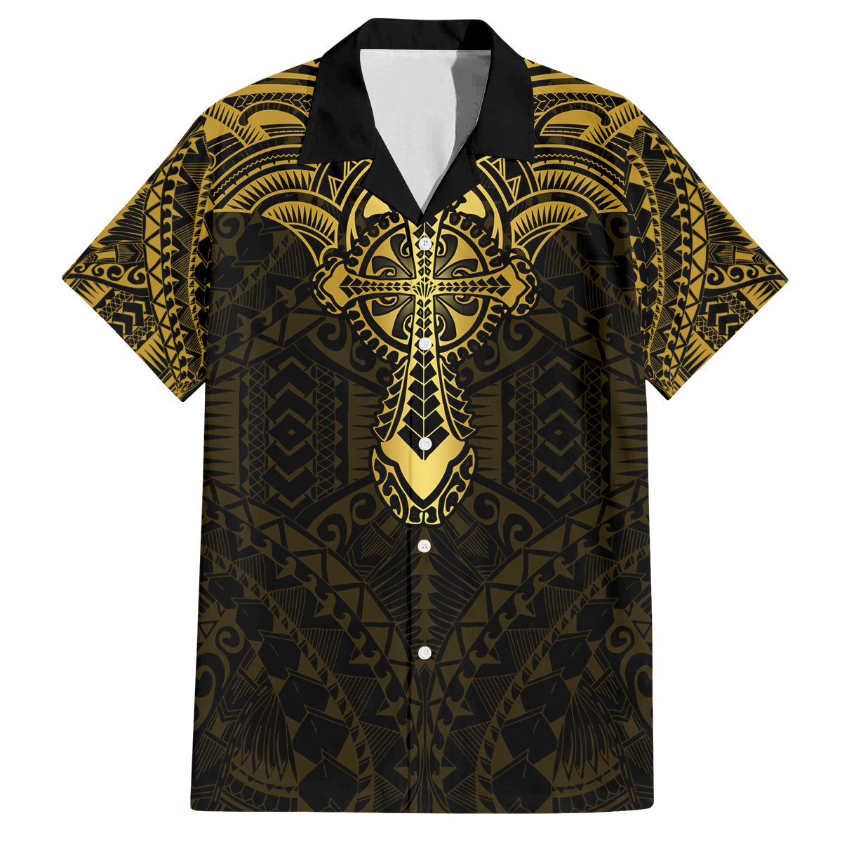 Personalized Polynesia Family Matching Puletasi Dress and Hawaiian Shirt With Christian Cross LT05 Dad's Shirt - Short Sleeve Gold - Polynesian Pride