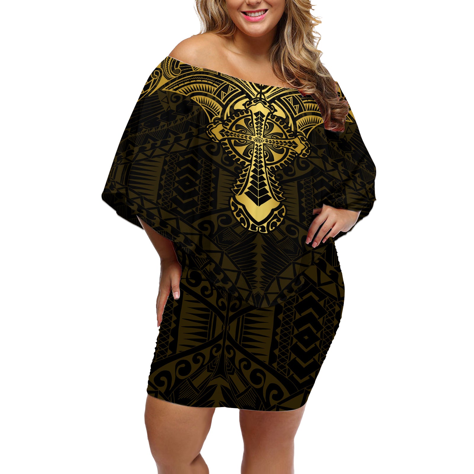 Personalized Polynesia Off Shoulder Short Dress With Christian Cross LT05 Women Gold - Polynesian Pride