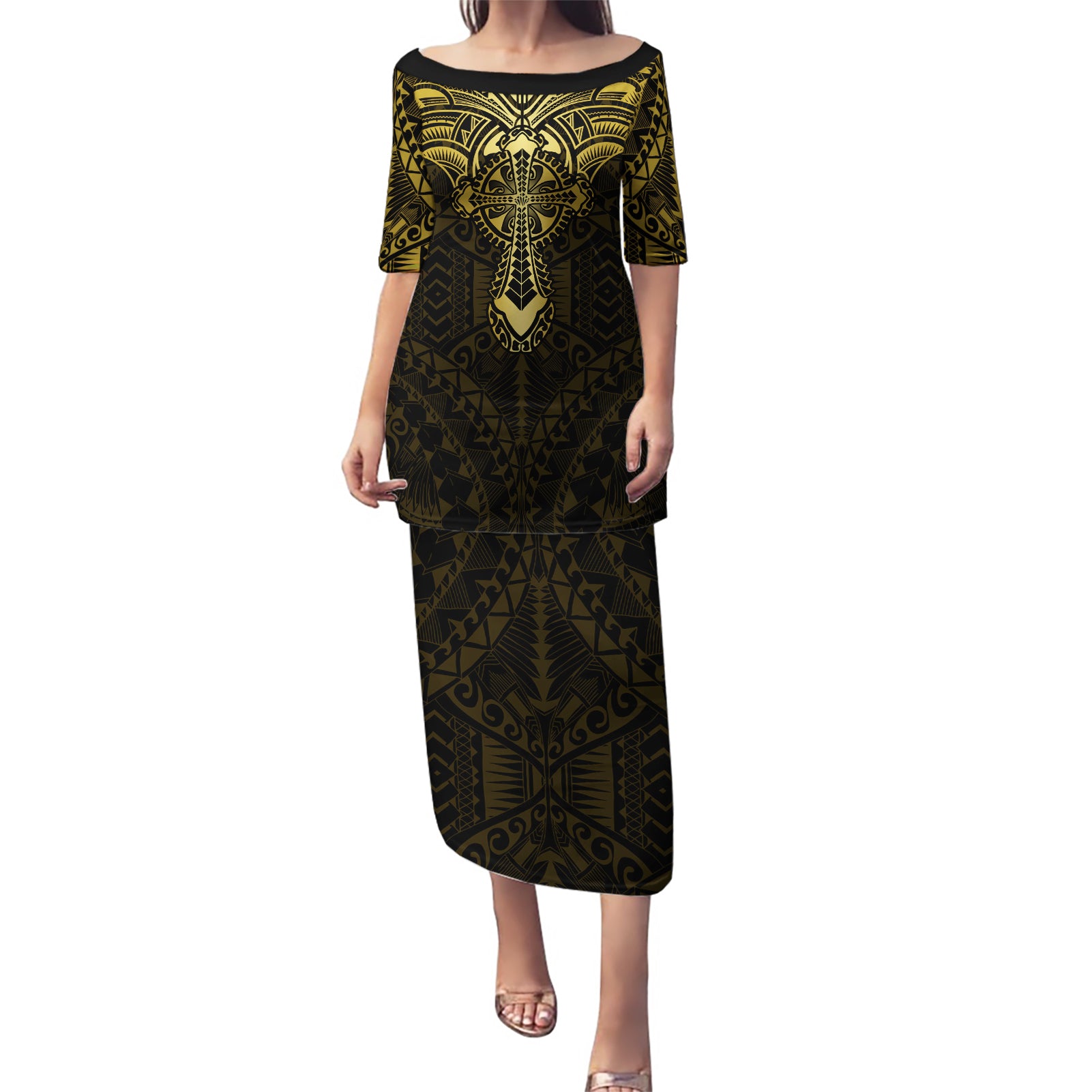 Personalized Polynesia Puletasi With Christian Cross LT05 Long Dress Gold - Polynesian Pride