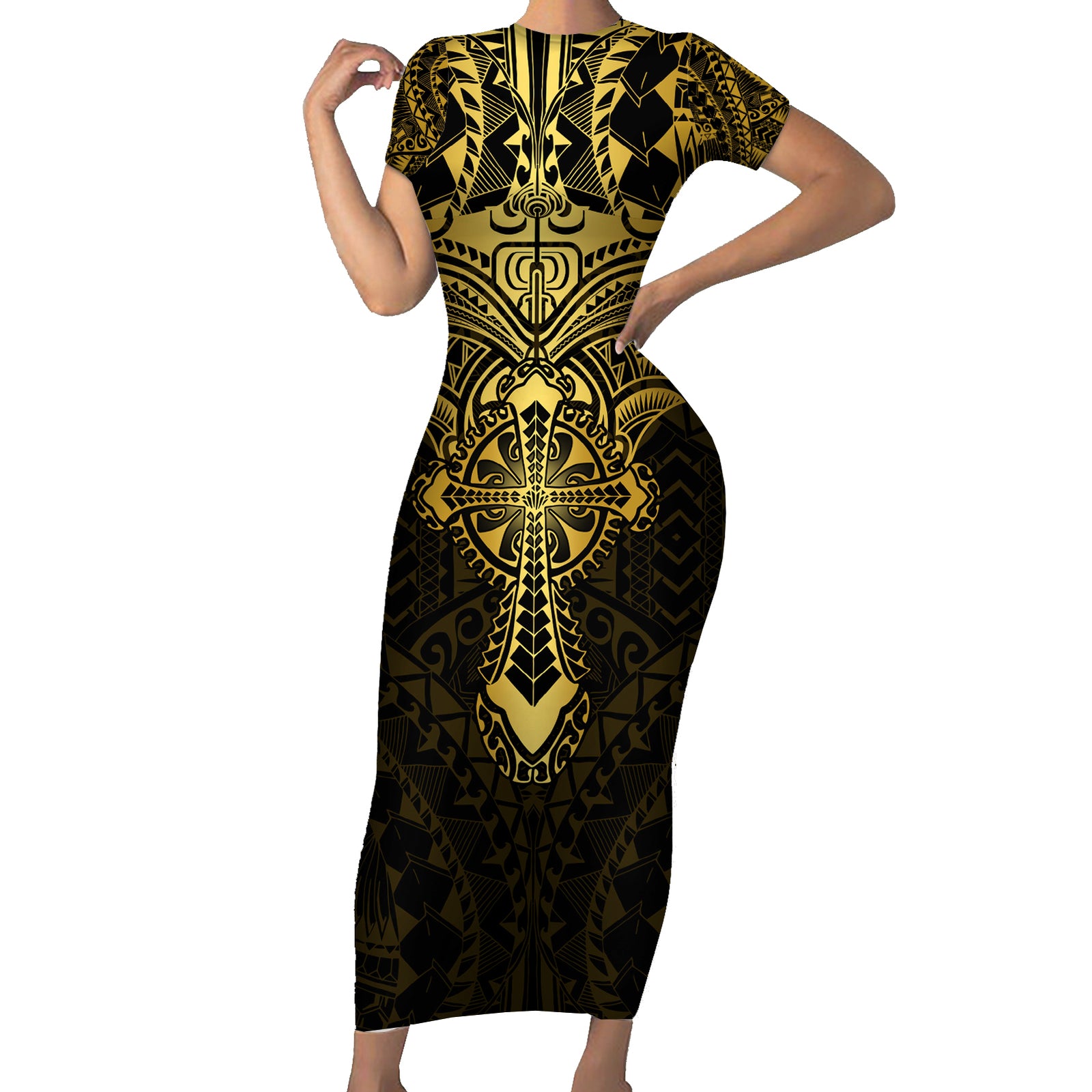 Personalized Polynesia Short Sleeve Bodycon Dress With Christian Cross LT05 Long Dress Gold - Polynesian Pride
