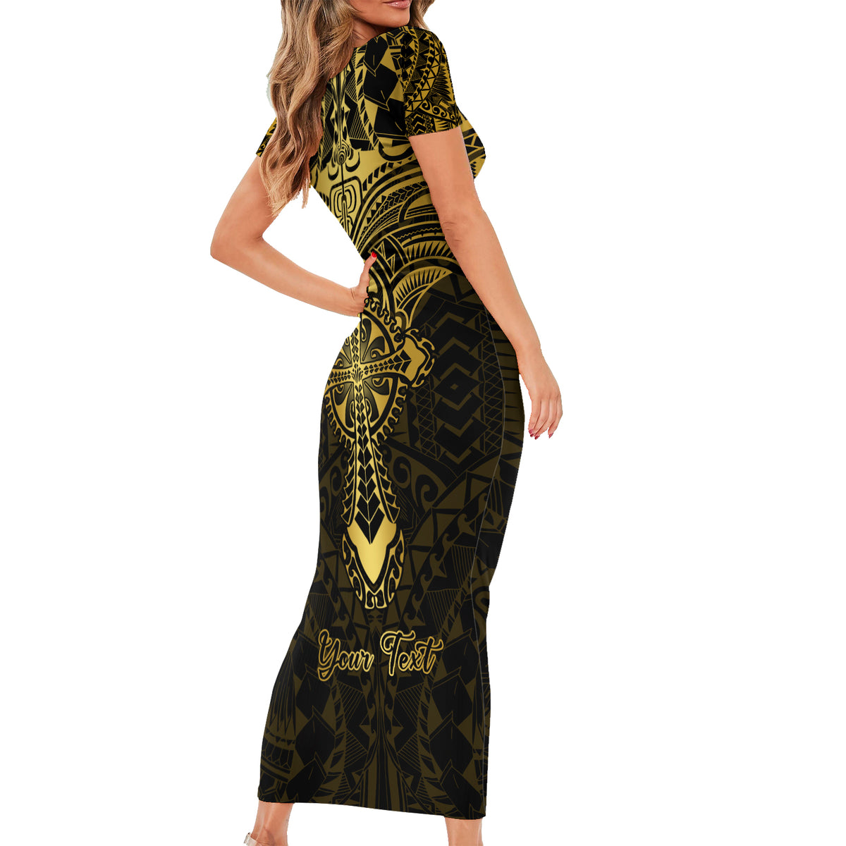 Personalized Polynesia Short Sleeve Bodycon Dress With Christian Cross LT05 - Polynesian Pride