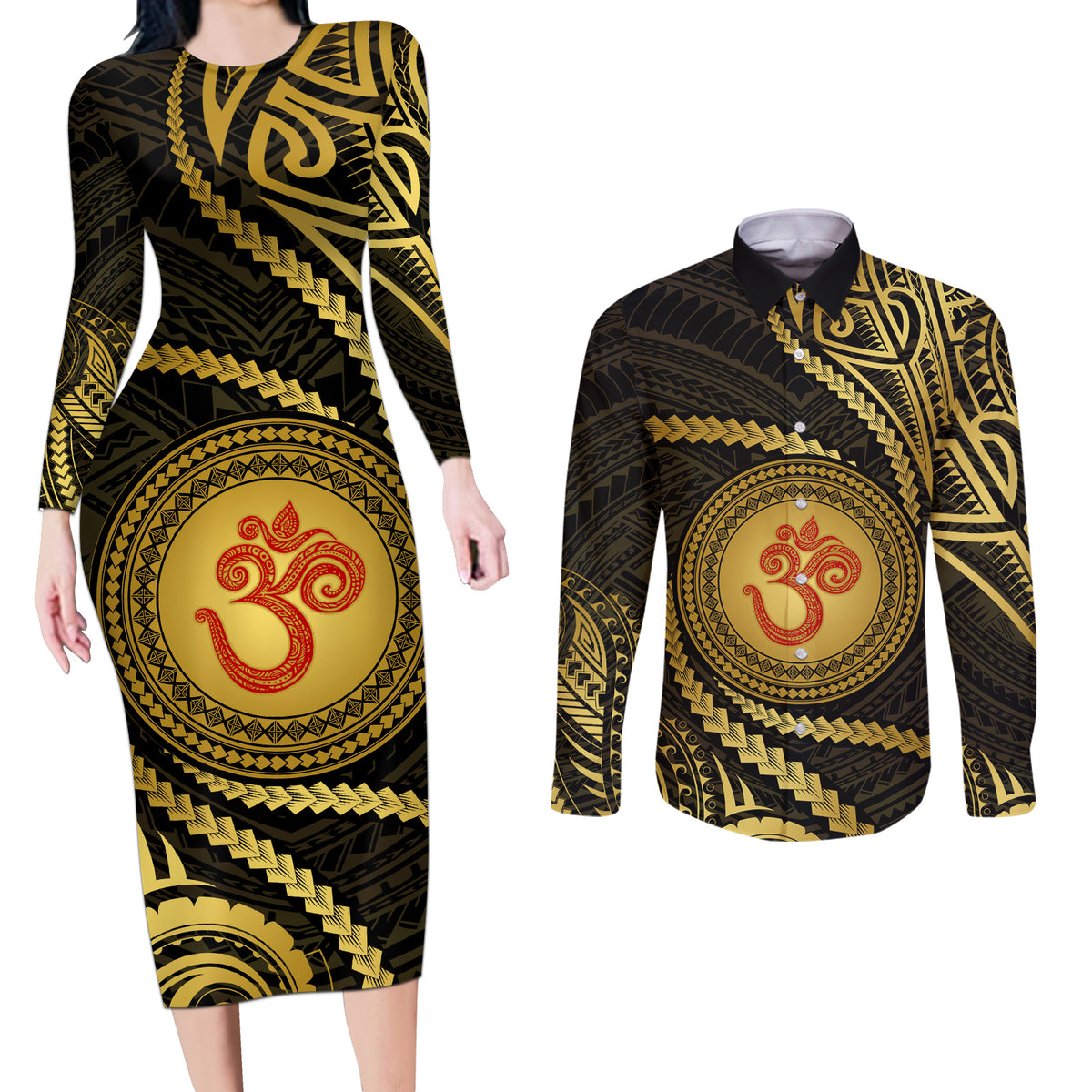 Polynesia Couples Matching Long Sleeve Bodycon Dress and Long Sleeve Button Shirt With Hindu Om Symbol LT05 Gold - Polynesian Pride