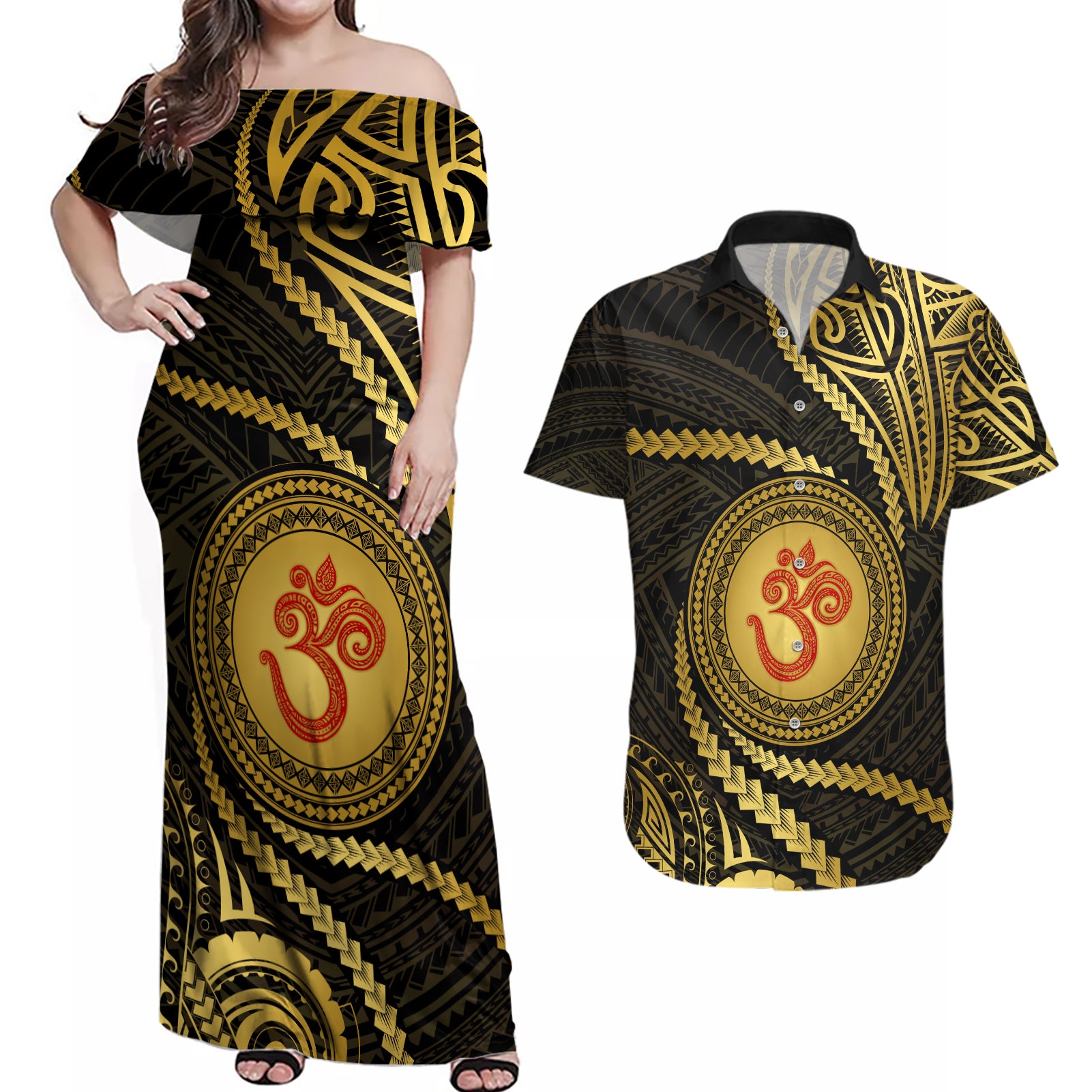 Polynesia Couples Matching Off Shoulder Maxi Dress and Hawaiian Shirt With Hindu Om Symbol LT05 Gold - Polynesian Pride