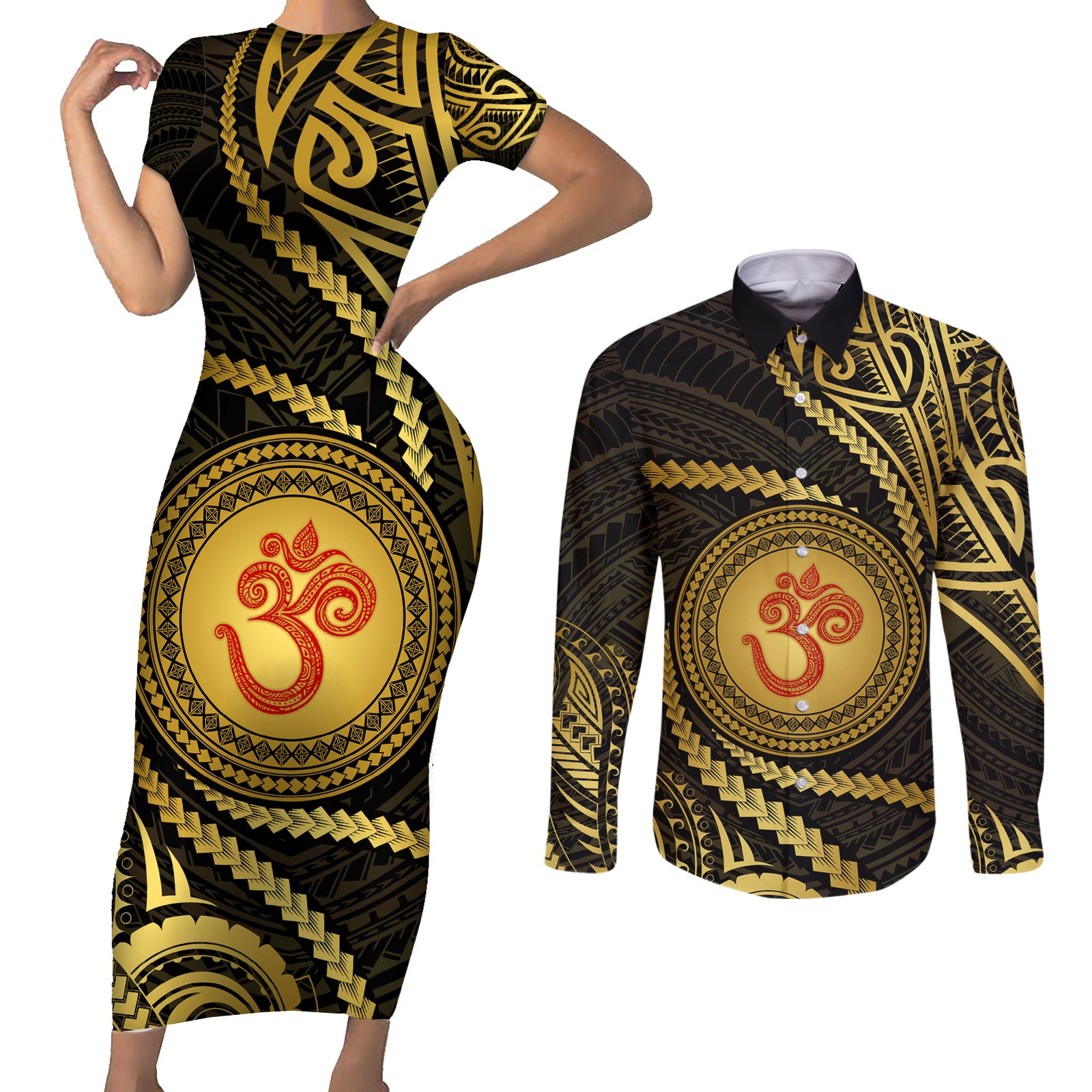Polynesia Couples Matching Short Sleeve Bodycon Dress and Long Sleeve Button Shirt With Hindu Om Symbol LT05 Gold - Polynesian Pride
