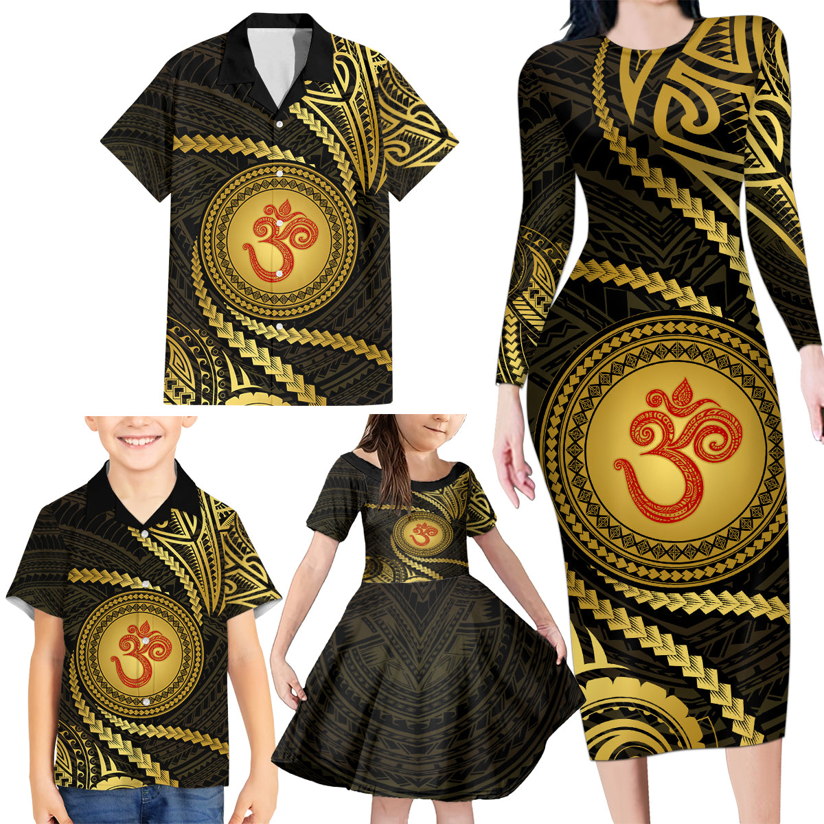 Polynesia Family Matching Long Sleeve Bodycon Dress and Hawaiian Shirt With Hindu Om Symbol LT05 - Polynesian Pride