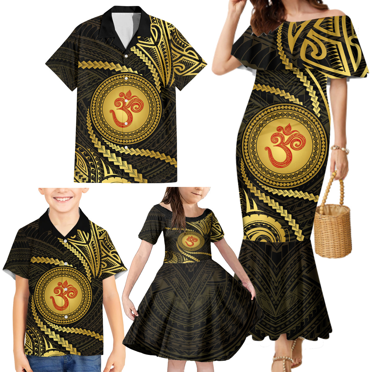 Polynesia Family Matching Mermaid Dress and Hawaiian Shirt With Hindu Om Symbol LT05 - Polynesian Pride