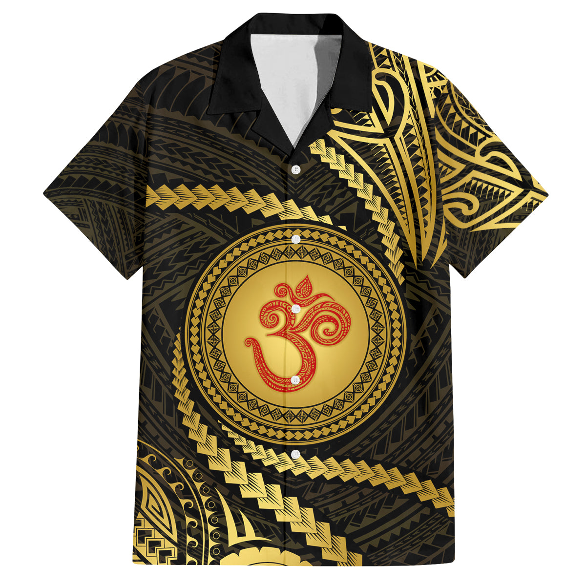 Polynesia Family Matching Off Shoulder Long Sleeve Dress and Hawaiian Shirt With Hindu Om Symbol LT05 Dad's Shirt - Short Sleeve Gold - Polynesian Pride