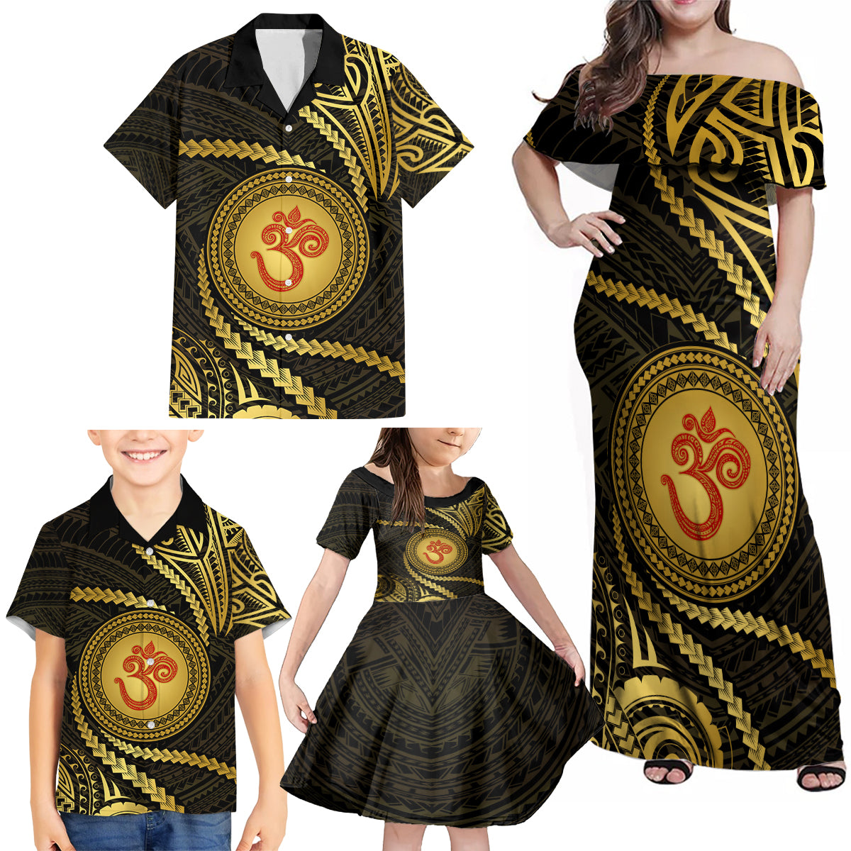 Polynesia Family Matching Off Shoulder Maxi Dress and Hawaiian Shirt With Hindu Om Symbol LT05 - Polynesian Pride