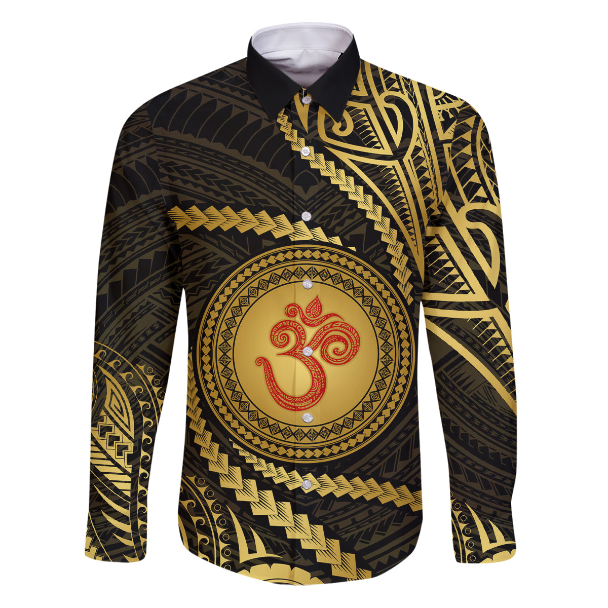 Polynesia Family Matching Puletasi Dress and Hawaiian Shirt With Hindu Om Symbol LT05 Dad's Shirt - Long Sleeve Gold - Polynesian Pride