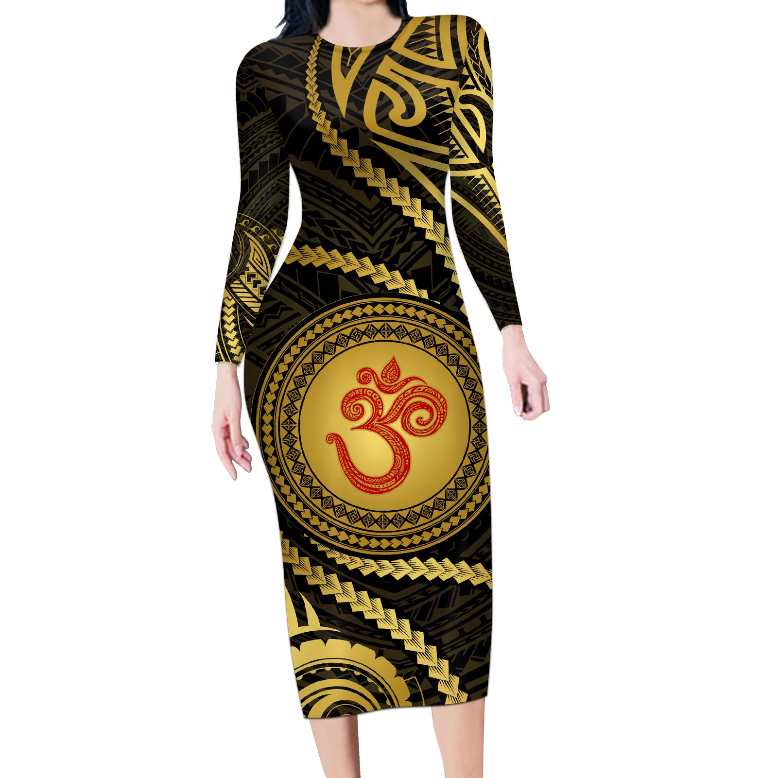 Polynesia Long Sleeve Bodycon Dress With Hindu Om Symbol LT05 Long Dress Gold - Polynesian Pride