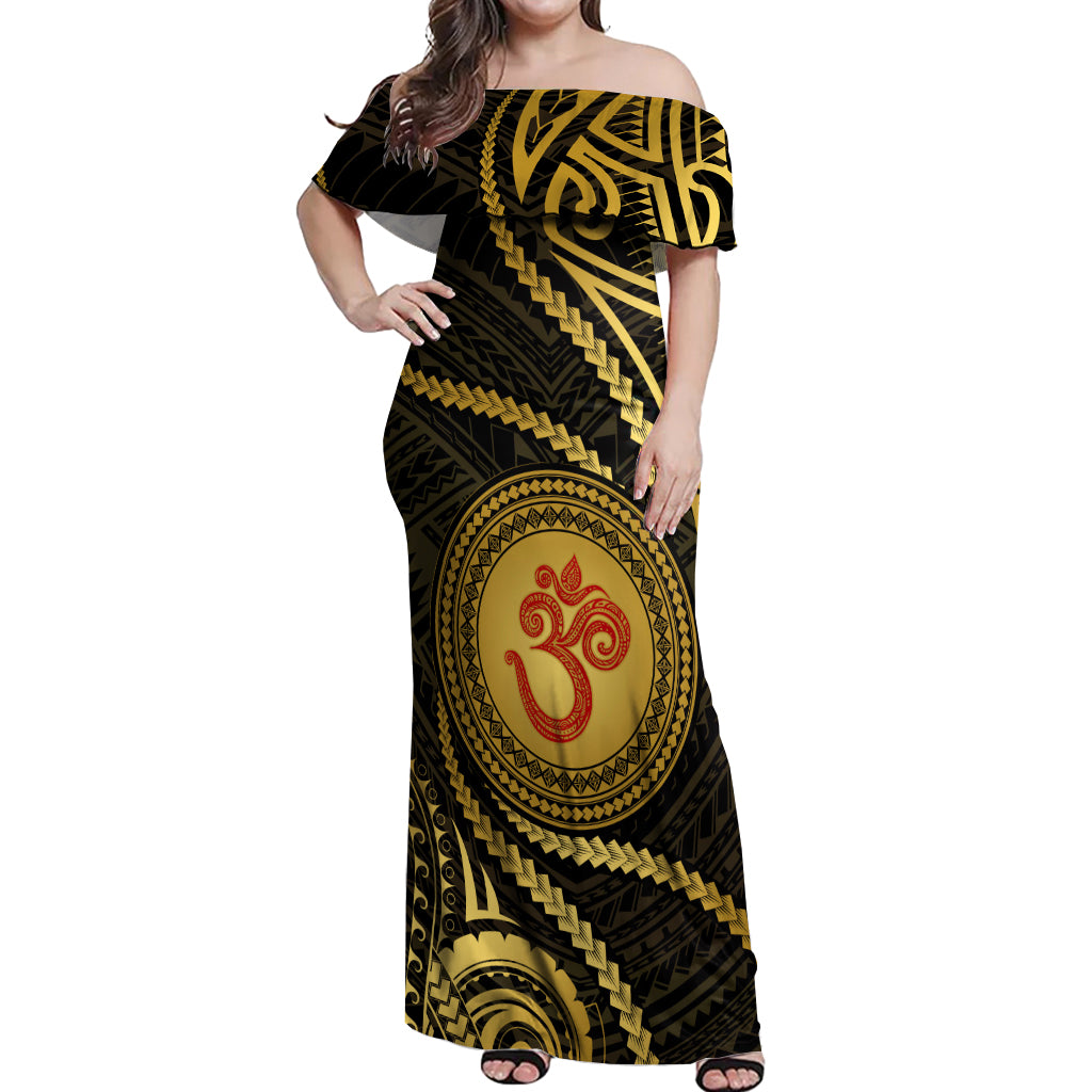 Polynesia Off Shoulder Maxi Dress With Hindu Om Symbol LT05 Women Gold - Polynesian Pride