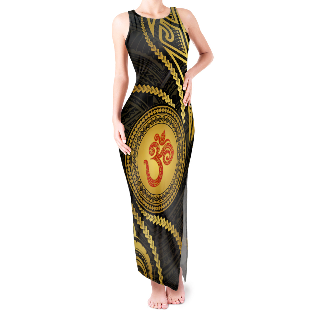 Polynesia Tank Maxi Dress With Hindu Om Symbol LT05 Women Gold - Polynesian Pride