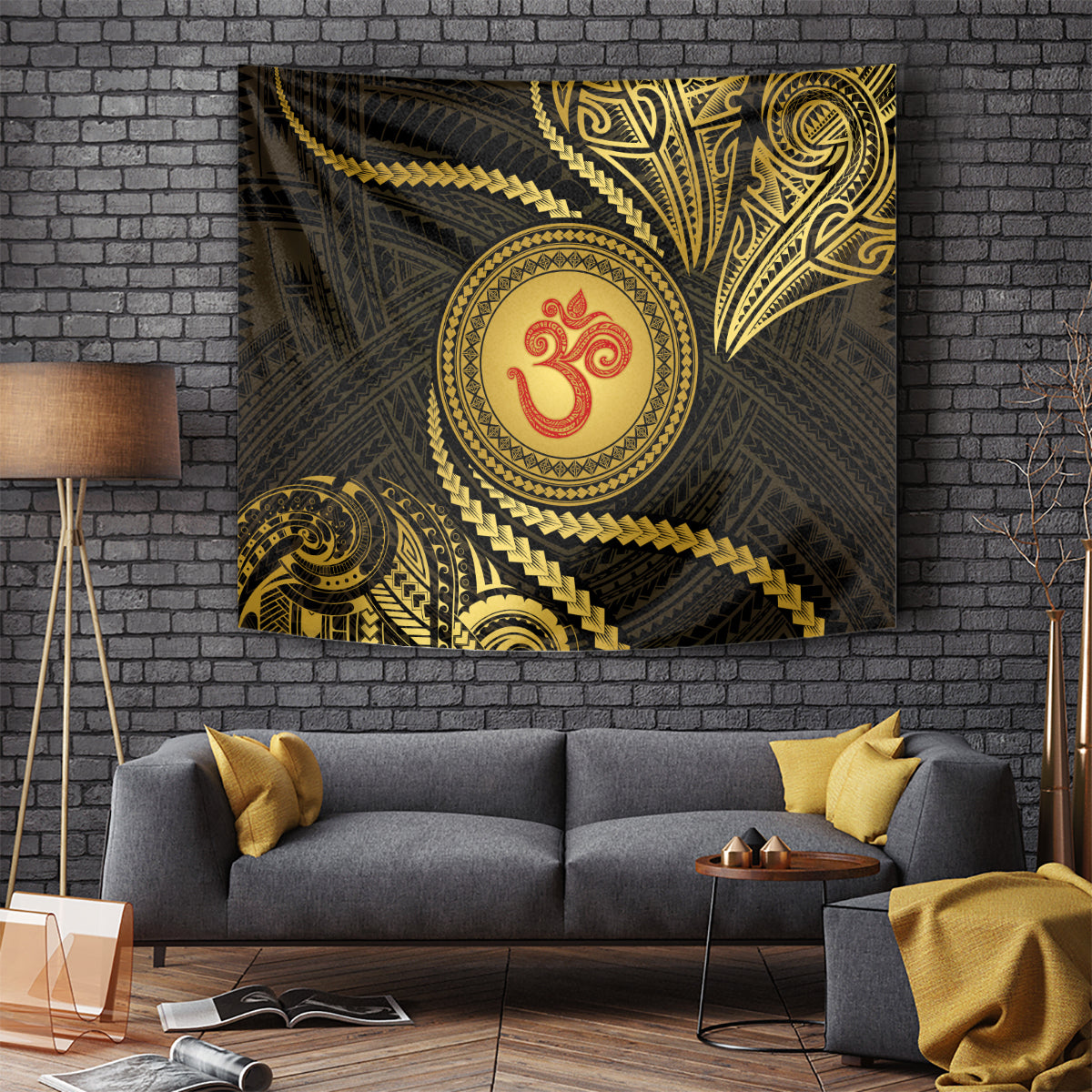 Polynesia Tapestry With Hindu Om Symbol LT05 Gold - Polynesian Pride