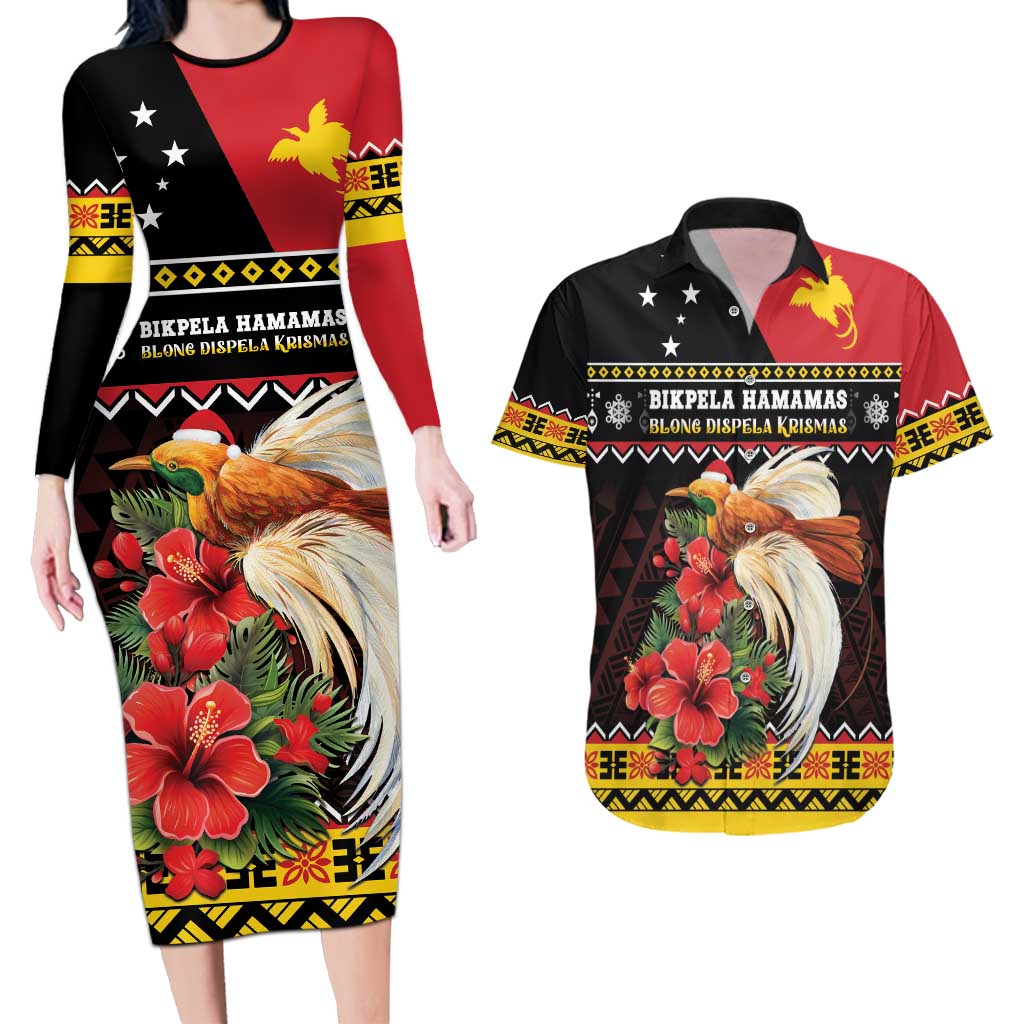 Papua New Guinea Christmas Couples Matching Long Sleeve Bodycon Dress and Hawaiian Shirt Bird Of Paradise Hamamas Krismas