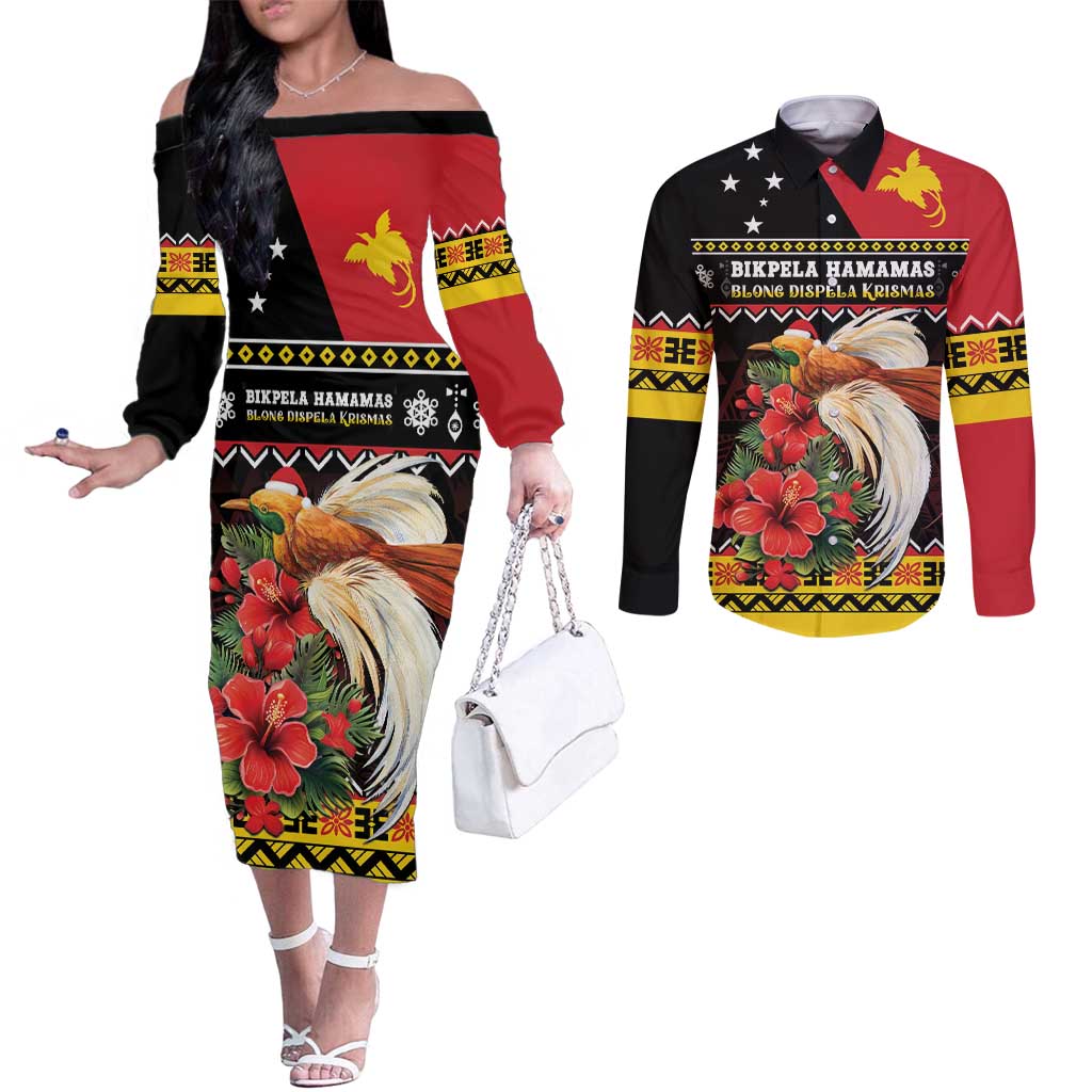 Papua New Guinea Christmas Couples Matching Off The Shoulder Long Sleeve Dress and Long Sleeve Button Shirt Bird Of Paradise Hamamas Krismas LT05 Black - Polynesian Pride
