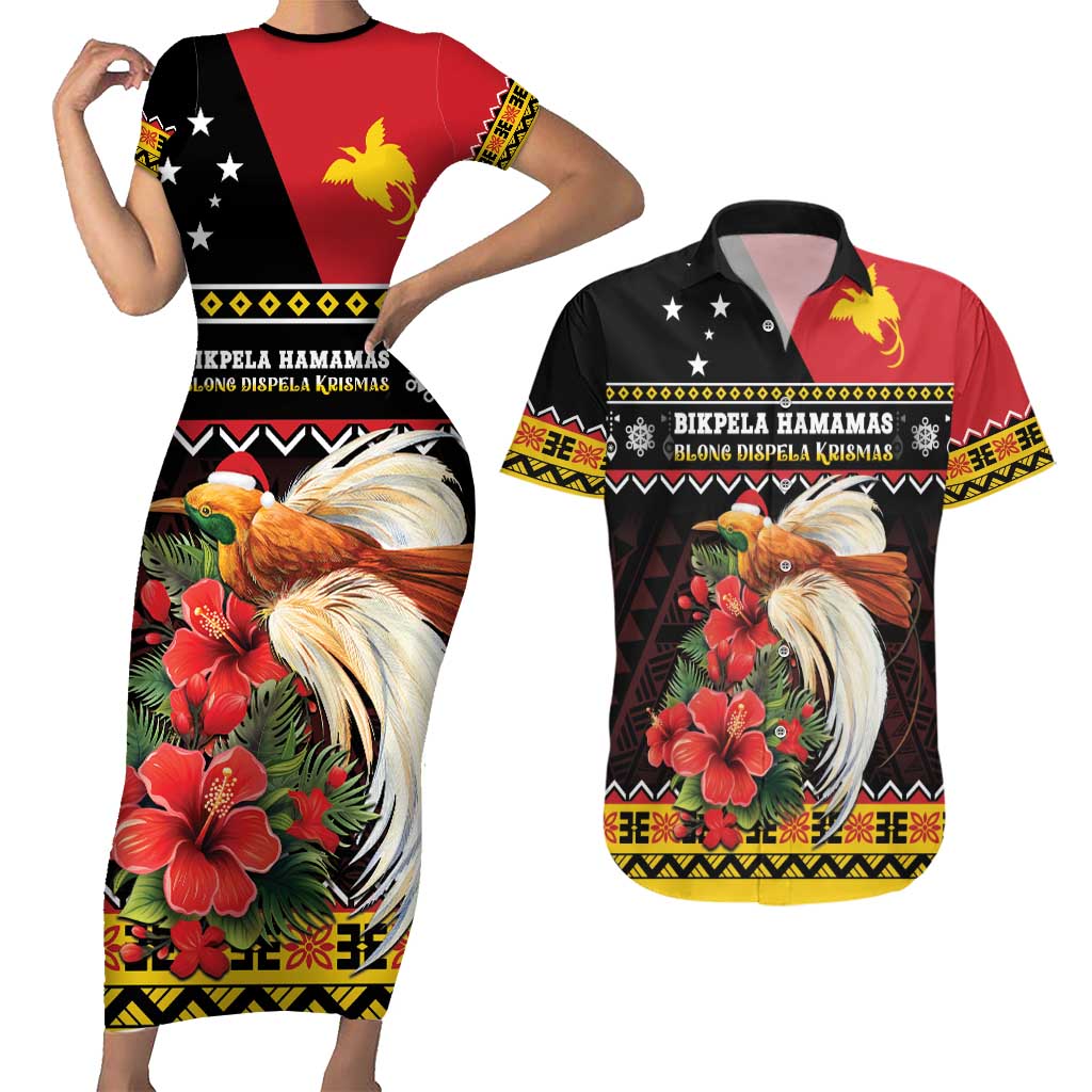 Papua New Guinea Christmas Couples Matching Short Sleeve Bodycon Dress and Hawaiian Shirt Bird Of Paradise Hamamas Krismas