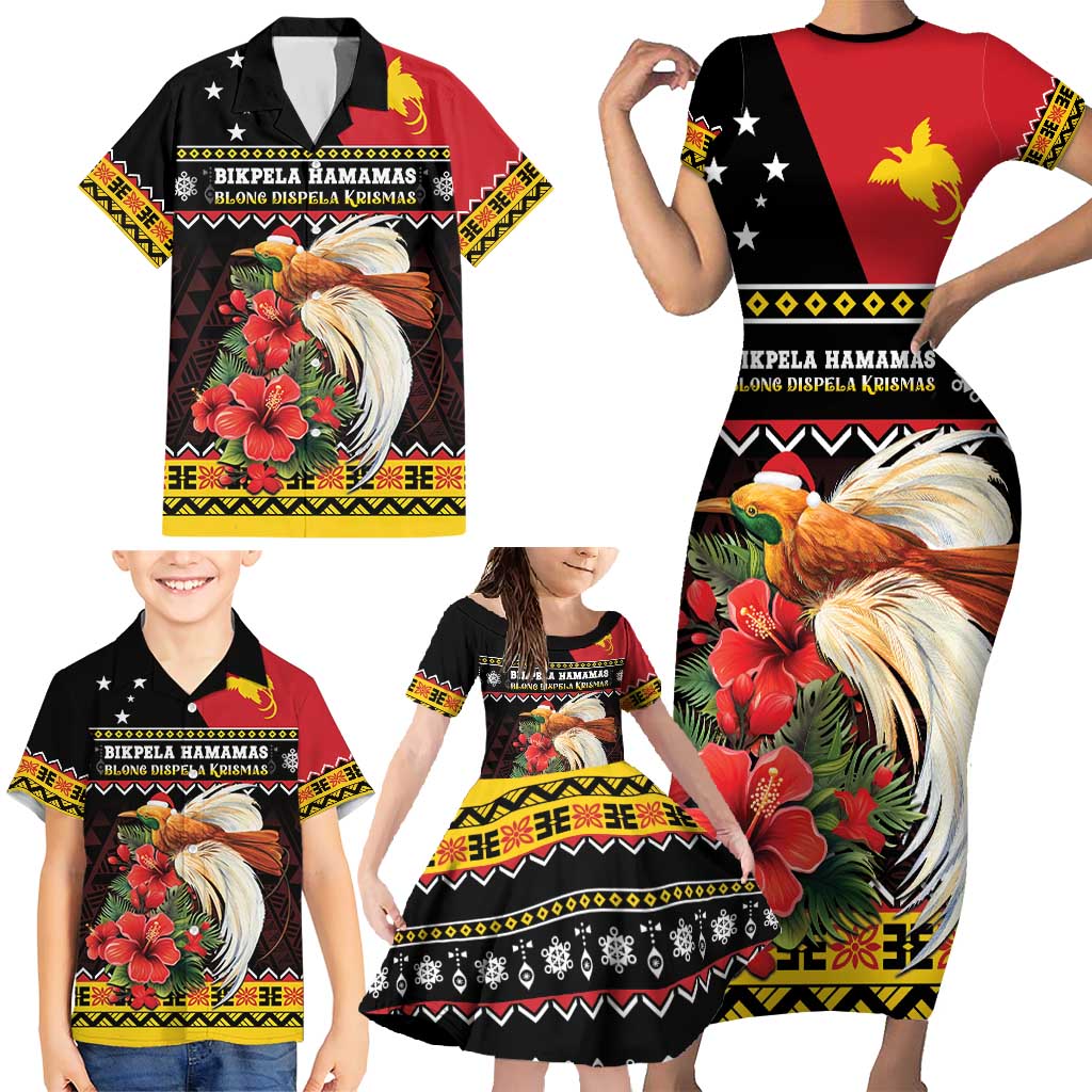 Papua New Guinea Christmas Family Matching Short Sleeve Bodycon Dress and Hawaiian Shirt Bird Of Paradise Hamamas Krismas