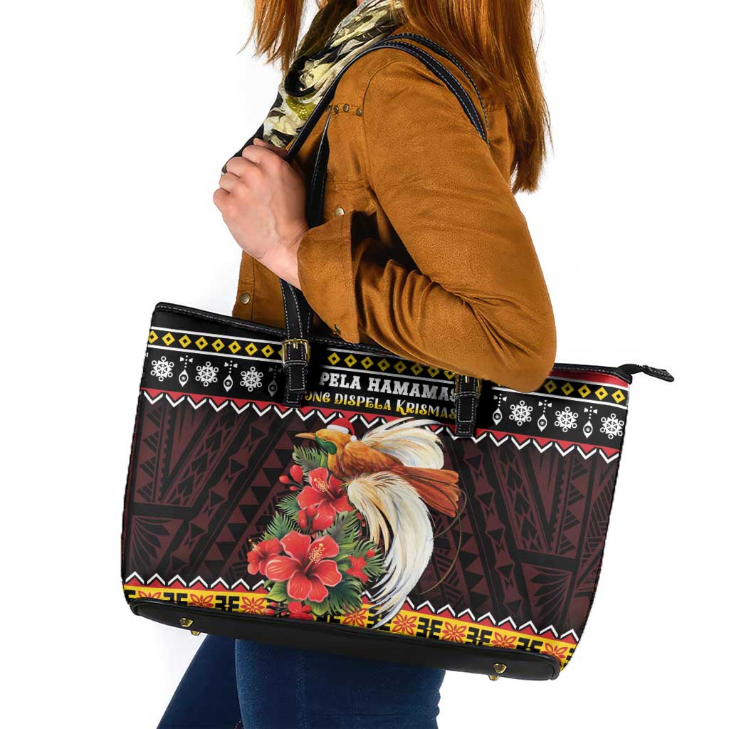 Papua New Guinea Christmas Leather Tote Bag Bird Of Paradise Hamamas Krismas LT05 Black - Polynesian Pride