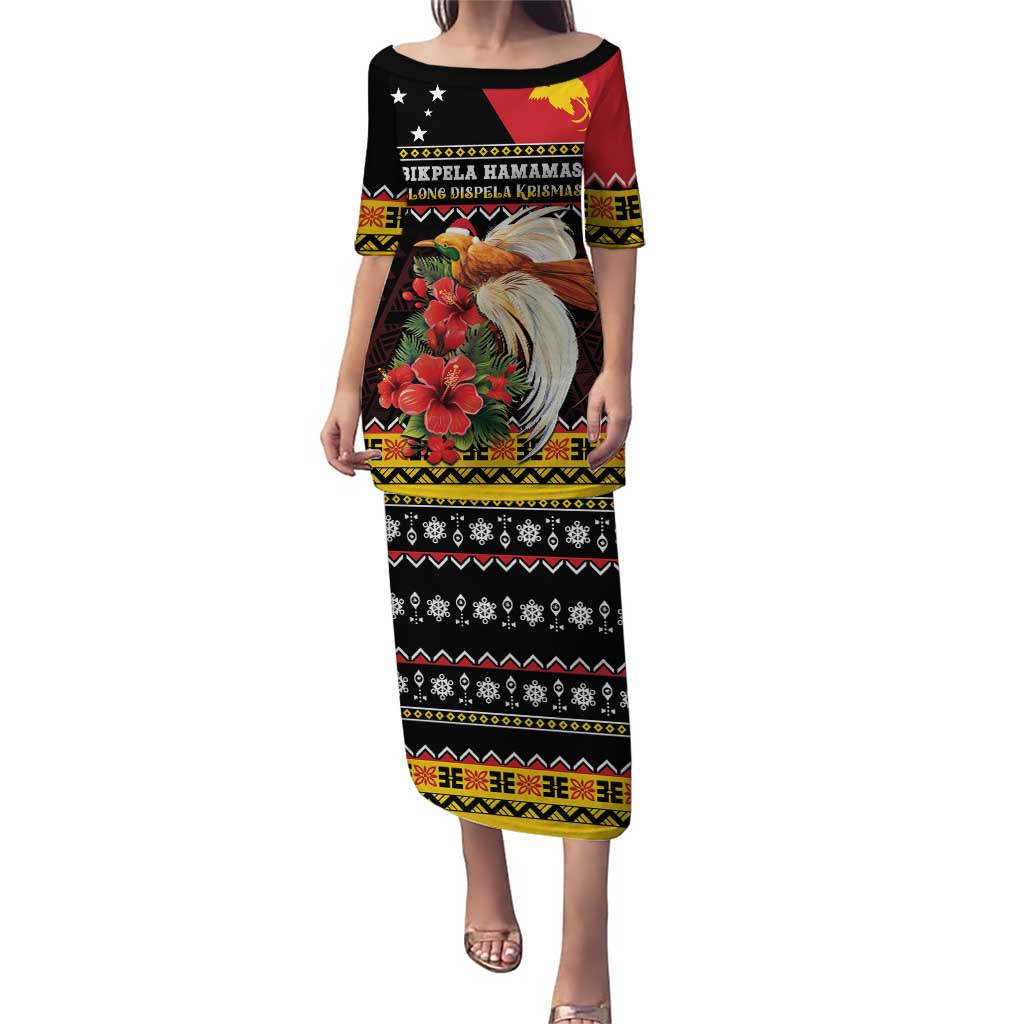 Papua New Guinea Christmas Puletasi Bird Of Paradise Hamamas Krismas LT05 Long Dress Black - Polynesian Pride