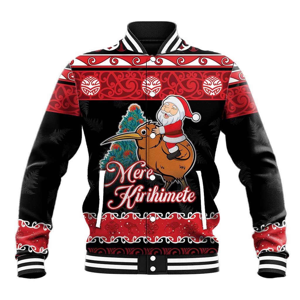 New Zealand Christmas Baseball Jacket Funny Santa Riding Kiwi Meri Kirihimete LT05 Unisex Black - Polynesian Pride