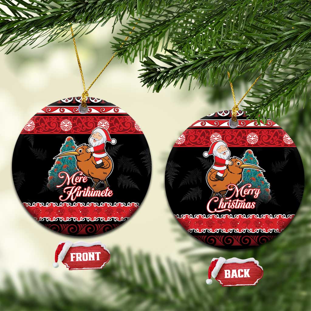 New Zealand Christmas Ceramic Ornament Funny Santa Riding Kiwi Meri Kirihimete LT05 Circle Black - Polynesian Pride