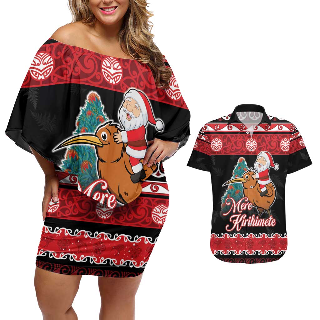 New Zealand Christmas Couples Matching Off Shoulder Short Dress and Hawaiian Shirt Funny Santa Riding Kiwi Meri Kirihimete