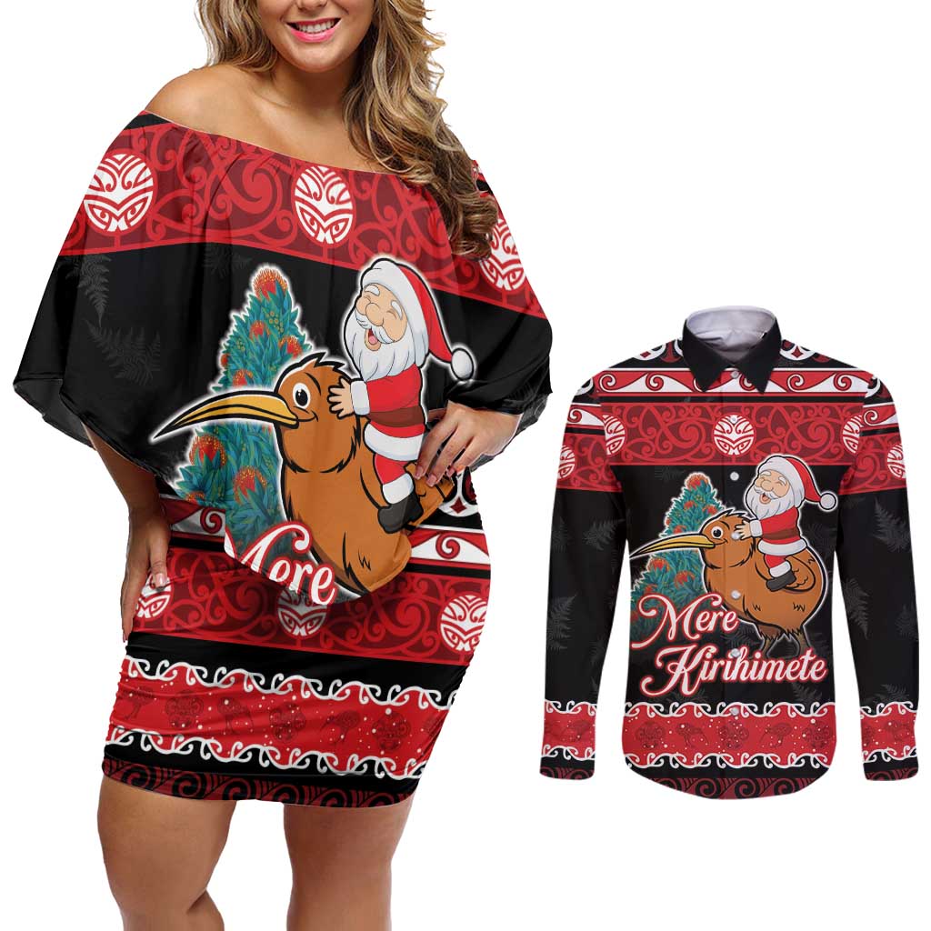 New Zealand Christmas Couples Matching Off Shoulder Short Dress and Long Sleeve Button Shirt Funny Santa Riding Kiwi Meri Kirihimete