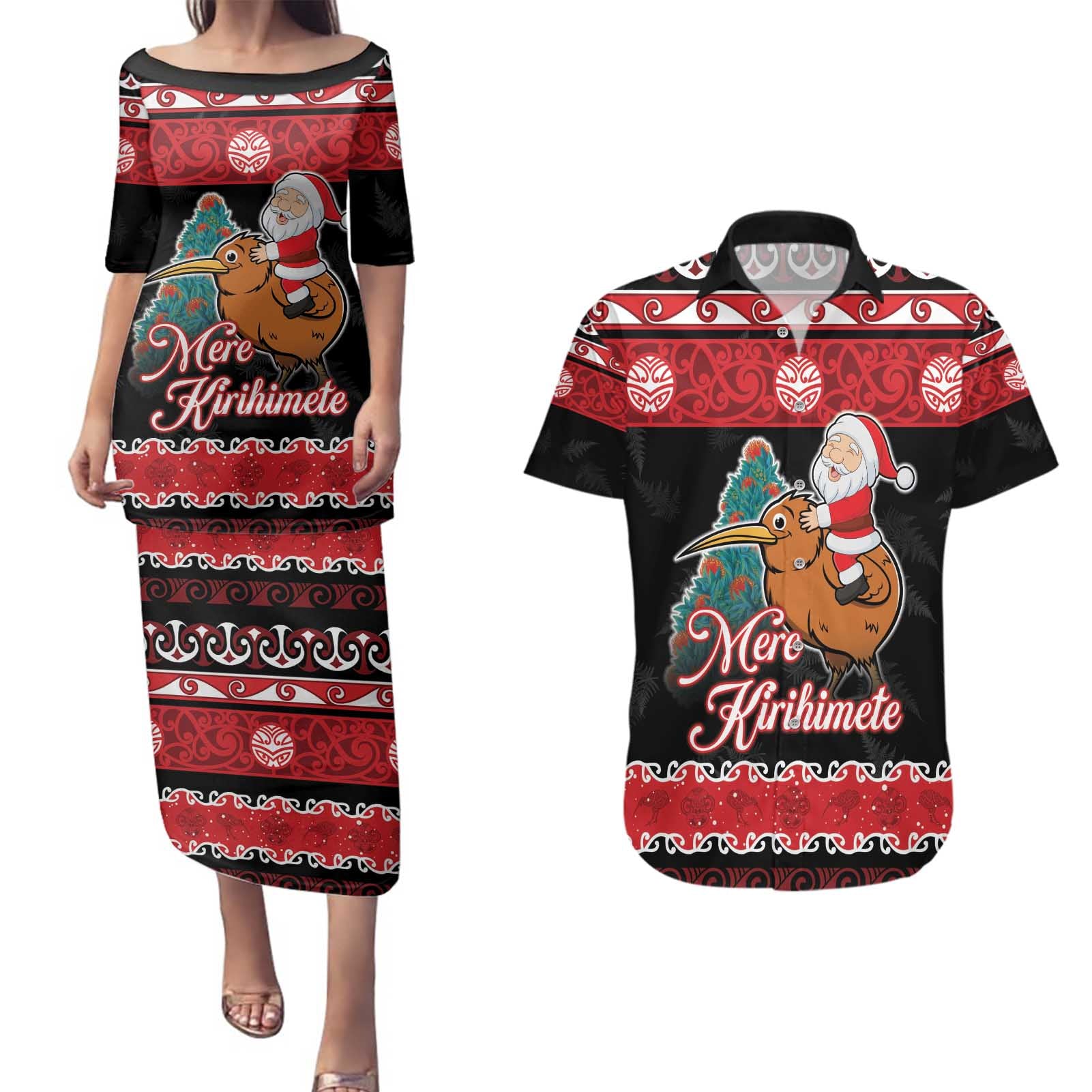 New Zealand Christmas Couples Matching Puletasi and Hawaiian Shirt Funny Santa Riding Kiwi Meri Kirihimete