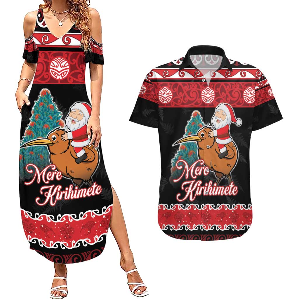 New Zealand Christmas Couples Matching Summer Maxi Dress and Hawaiian Shirt Funny Santa Riding Kiwi Meri Kirihimete