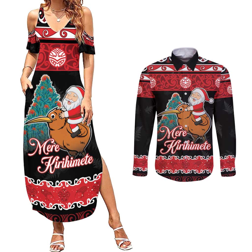 New Zealand Christmas Couples Matching Summer Maxi Dress and Long Sleeve Button Shirt Funny Santa Riding Kiwi Meri Kirihimete