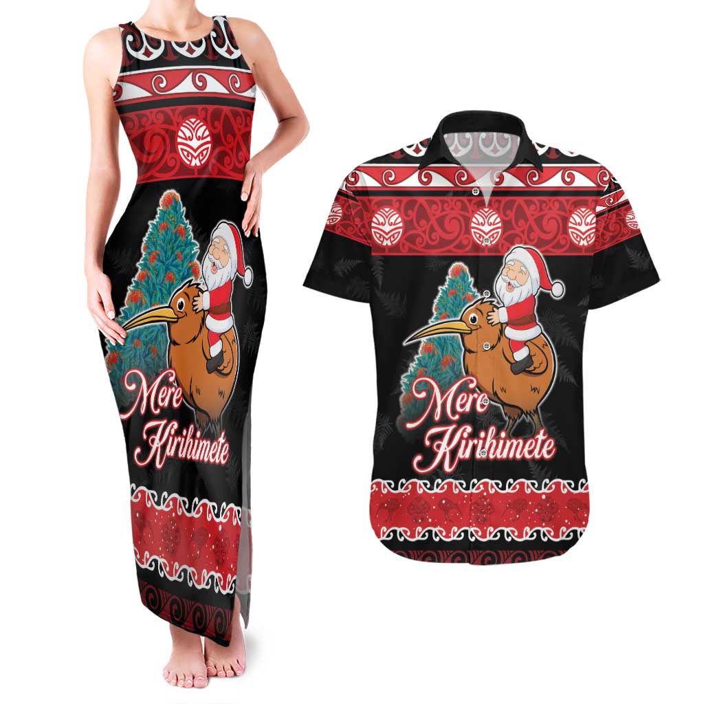 New Zealand Christmas Couples Matching Tank Maxi Dress and Hawaiian Shirt Funny Santa Riding Kiwi Meri Kirihimete